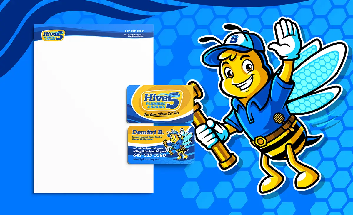 Hive 5 Plumbing & Drains branded stationery and business cards showcasing a cohesive visual identity by Bananas Creative
