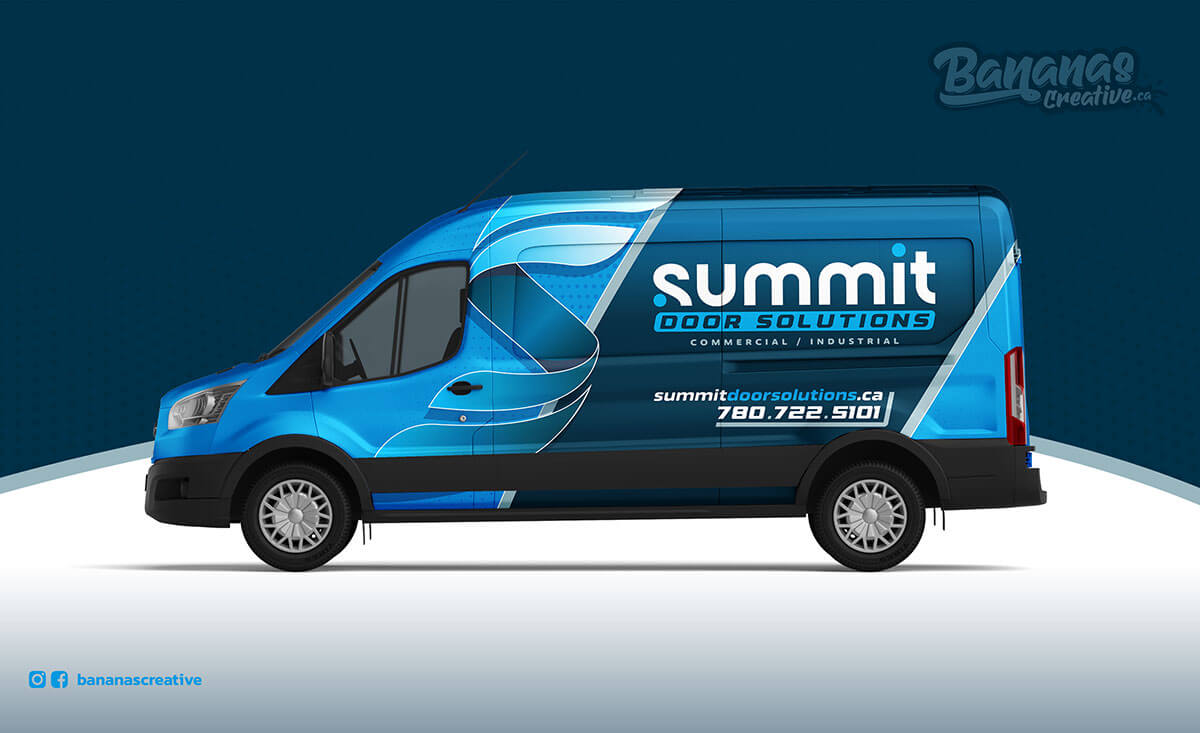 Commercial vehicle wrap design for Summit Door Solutions showcasing a professional branding system by Bananas Creative.