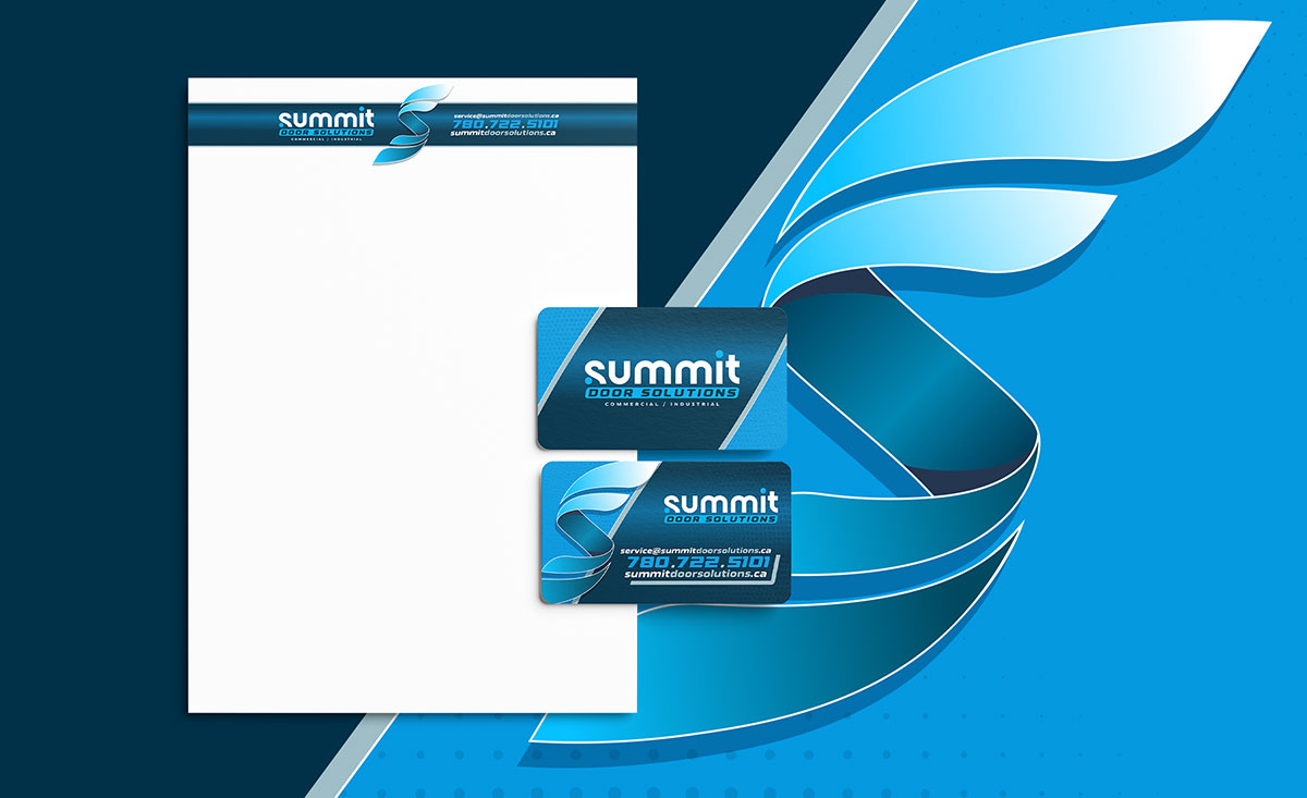 Summit Door Solutions branding system applied to print materials and business cards designed by Bananas Creative.