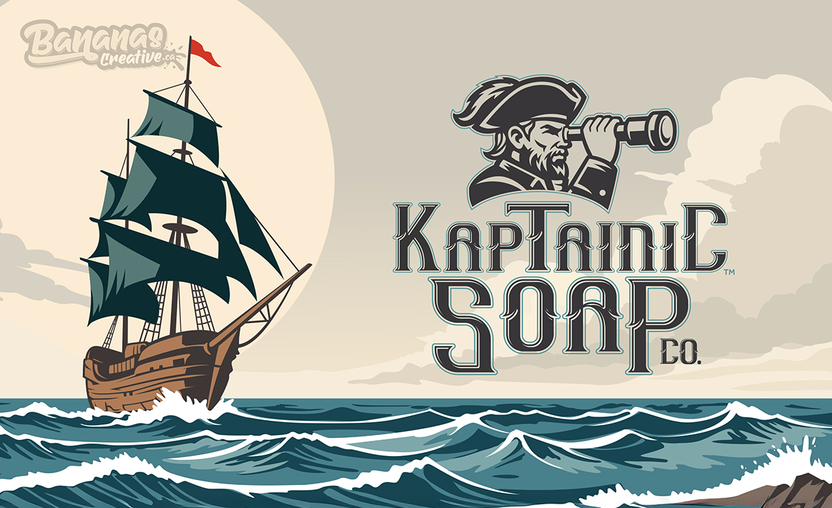 Character-driven branding system developed for Kaptainic Soap Co featuring nautical pirate mascot and maritime visual identity.