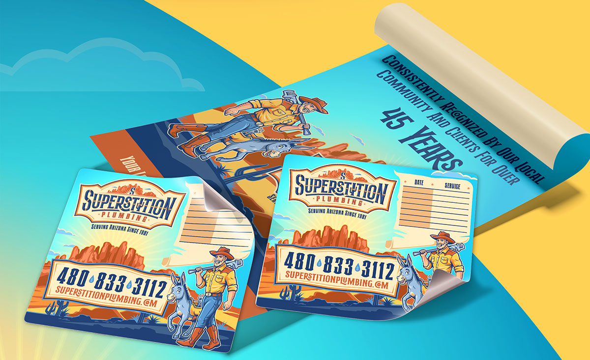 Business cards and marketing materials for Superstition Plumbing brand