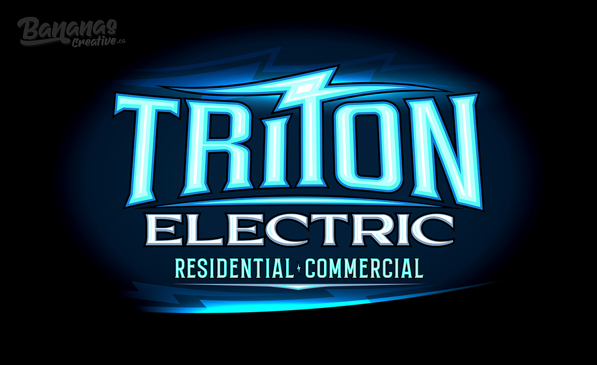 Modern electrical logo for Triton Electric with bold typography and electric blue glow effects.
