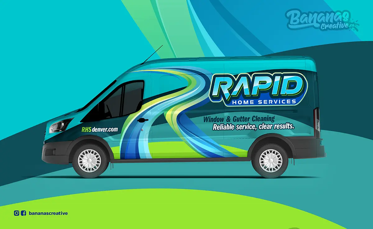 Rapid Home Services Window and Gutter Cleaning van wrap design by Bananas Creative.