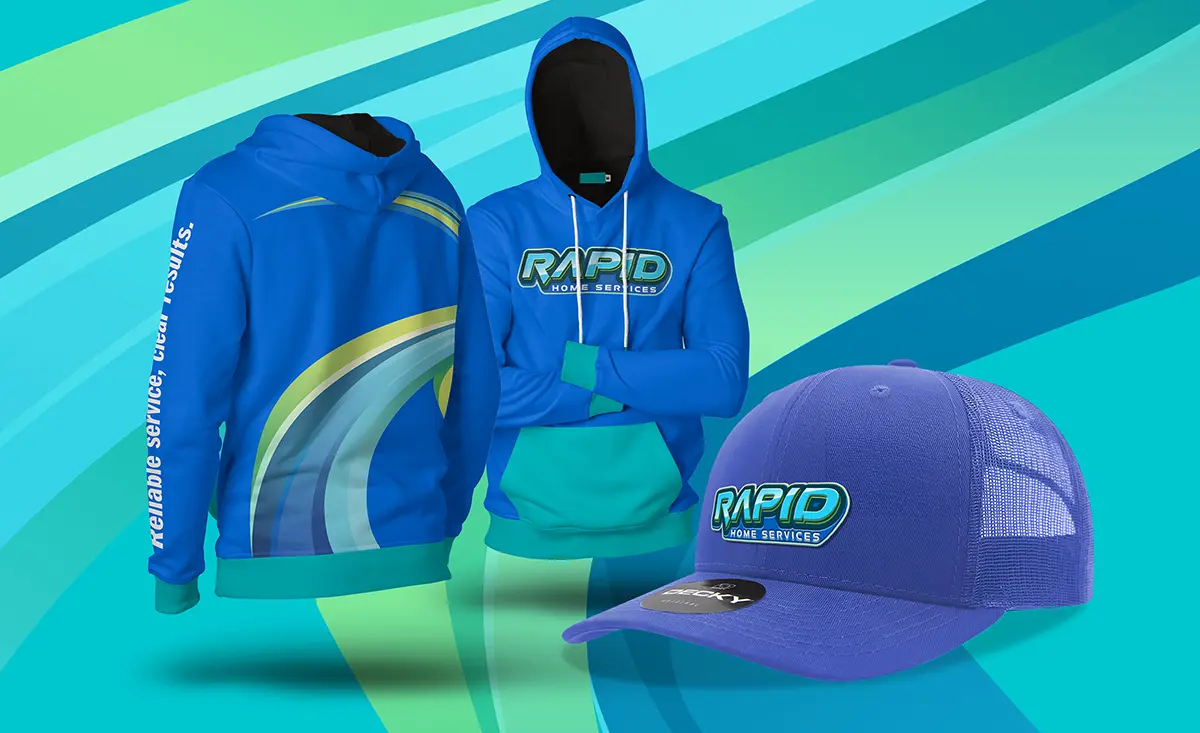 Rapid Home Services Window and Gutter Cleaning apparel including personalized hoodie and cap by Bananas Creative