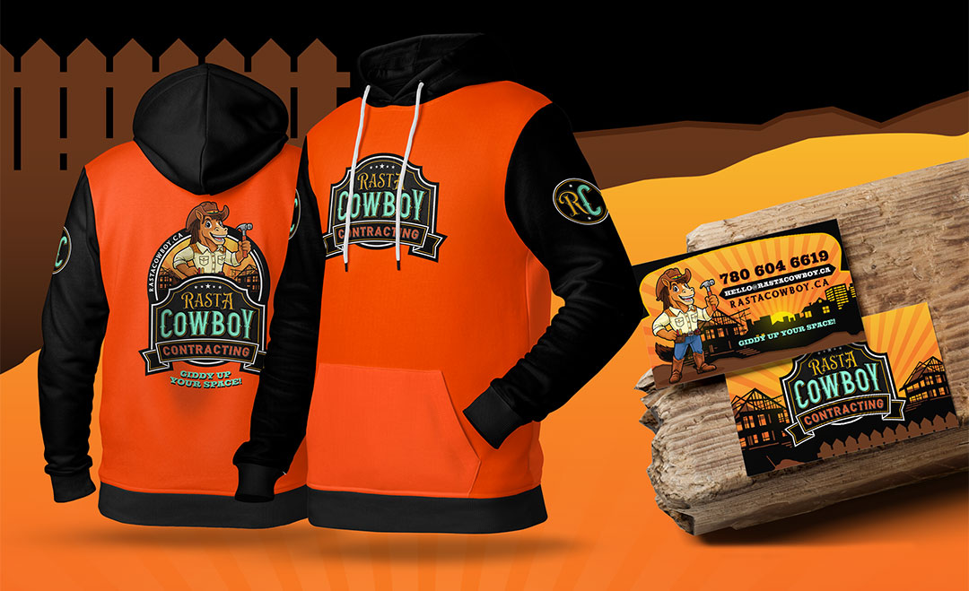 Rasta Cowboy Contracting Marketing Material including a hoodie, t-shirt, and business cards developed by Bananas Creative