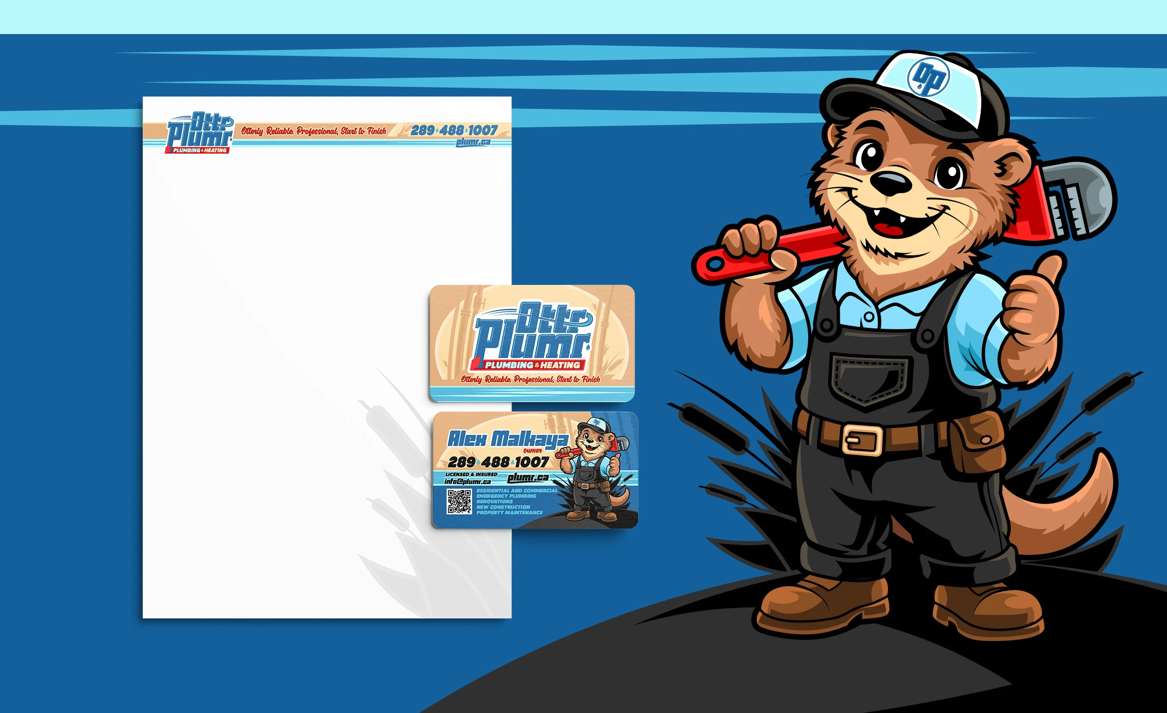 Ottr Plumr Marketing Materials including letterhead, business cards and friendly plumber otter mascot.