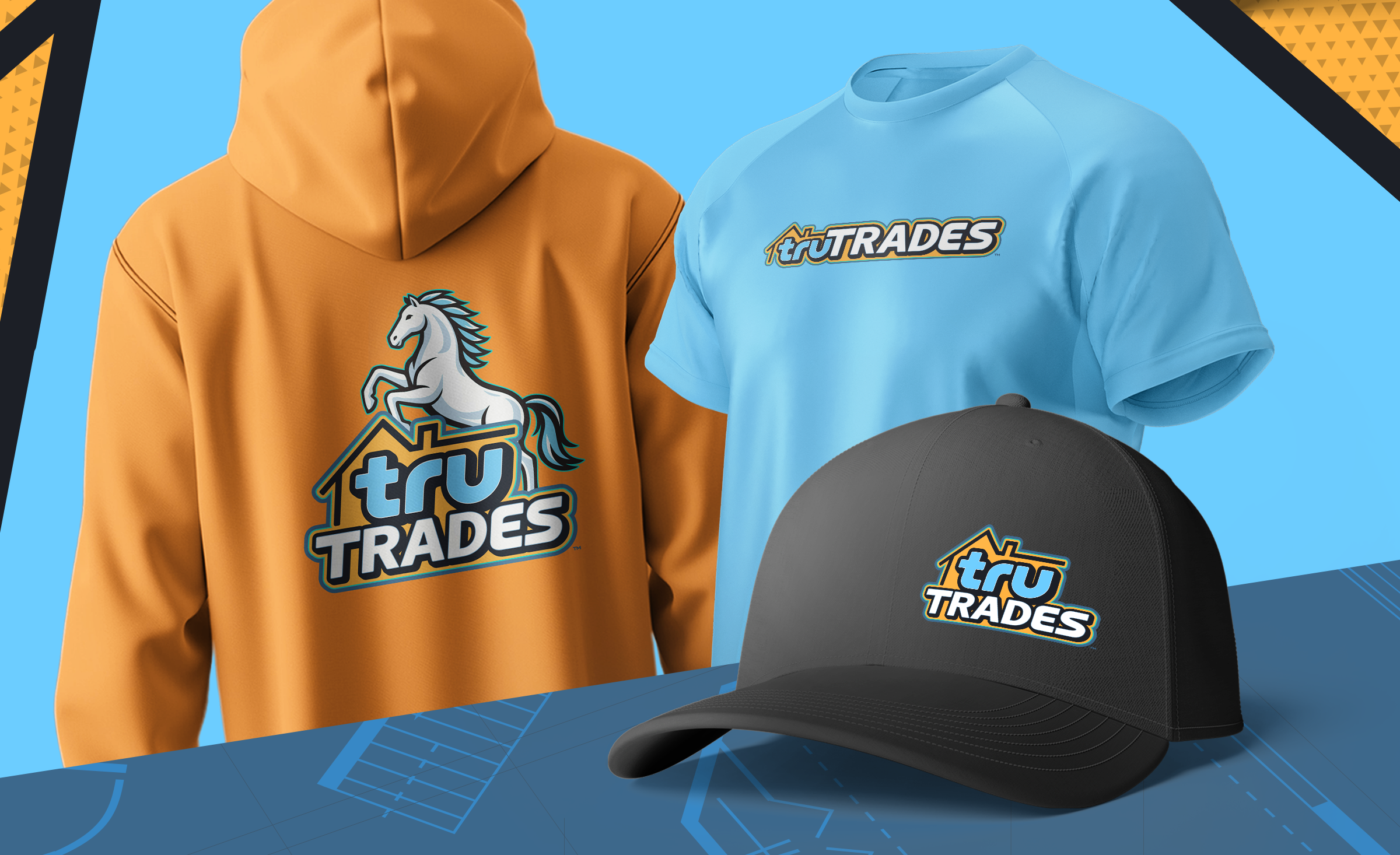 Branding and marketing materials for a contracting company based in Calgary by Bananas Creative that includes hoodie, t-shirt and cap