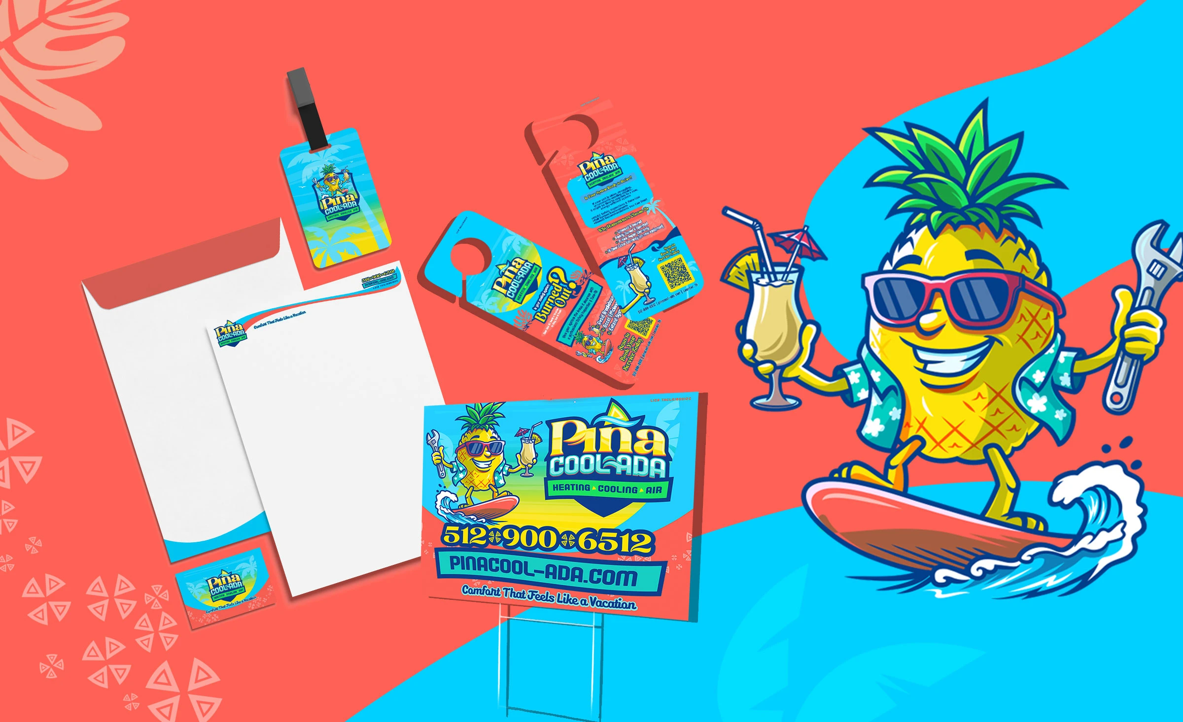 Piña Cool-ada Marketing Materials designed by Bananas Creative including yard signs, door hangers, business cards.