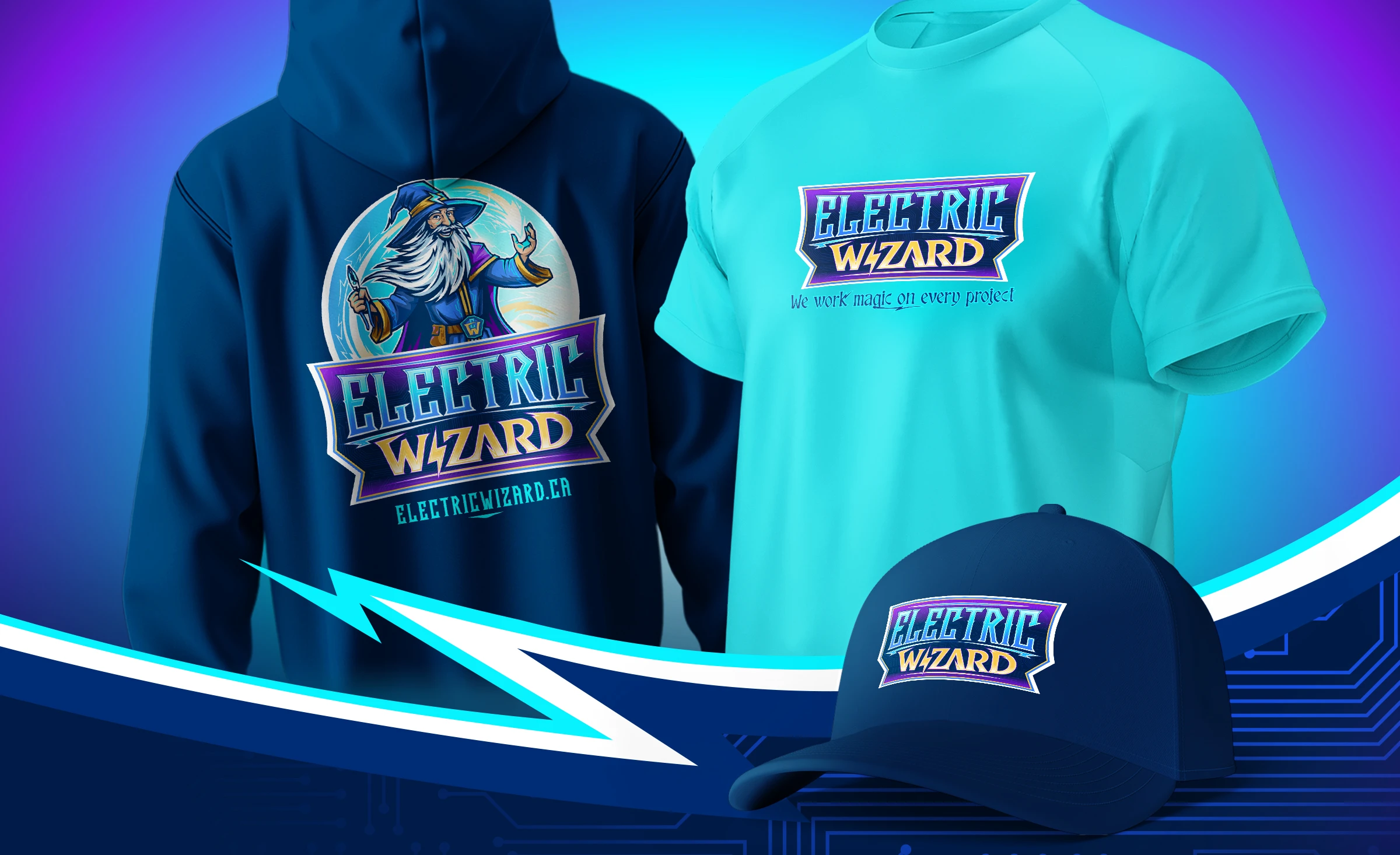 Electric Wizards uniforms designed by Bananas Creative including hoodie, t-shirt and cap