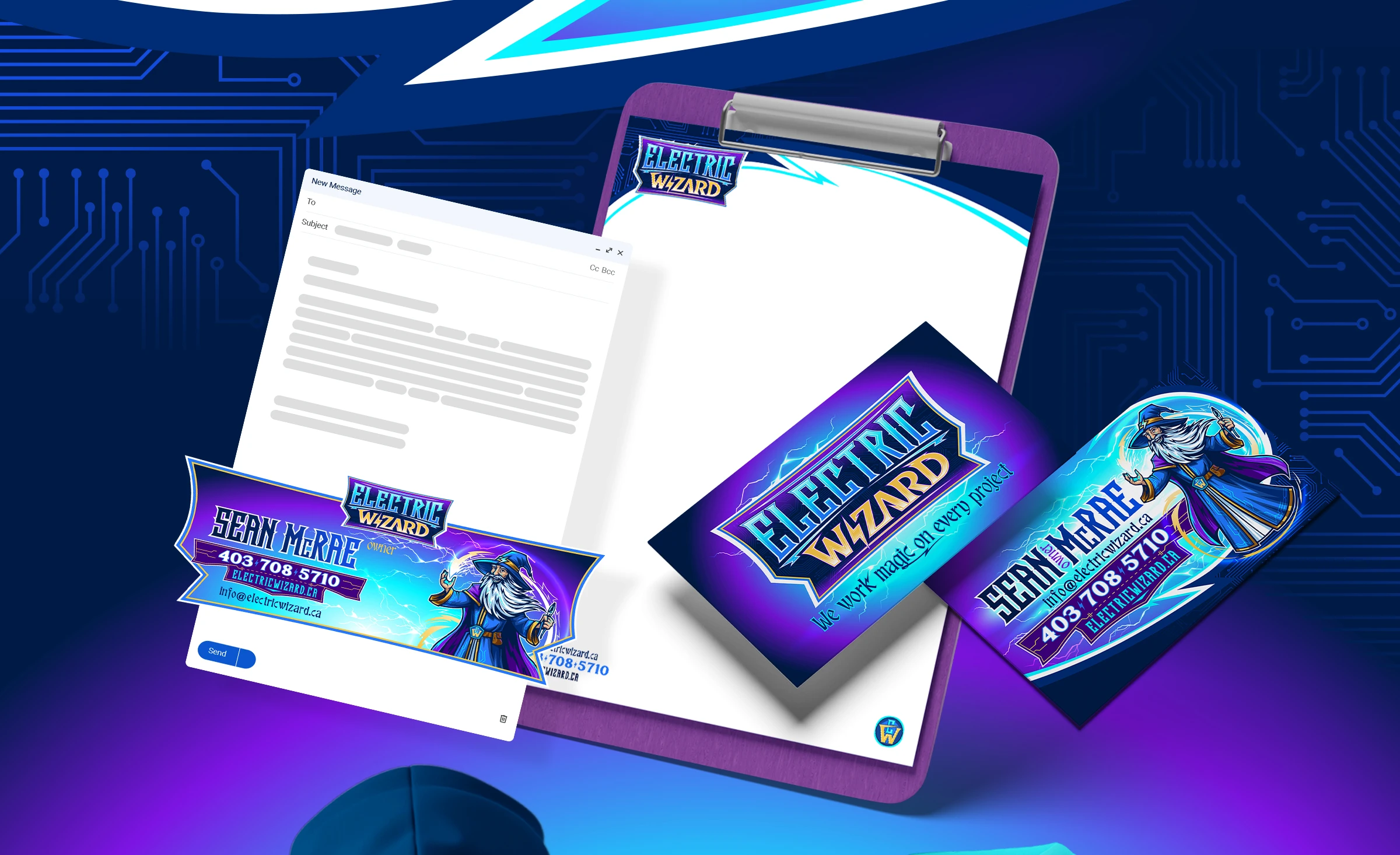 Electric Wizards marketing materials designed by Bananas Creative including business cards, email signature, letterhead.