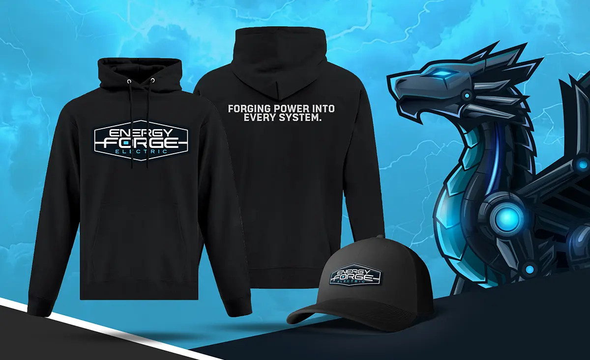 Energy Forge Electric uniforms designed by Bananas Creative including hoodie and cap