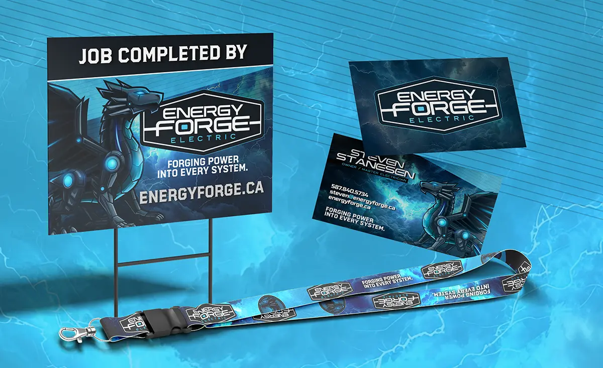 Energy Forge Electric, Marketing Materials developed by Bananas Creative including lawn signs, lanyards, and innovative business cards.