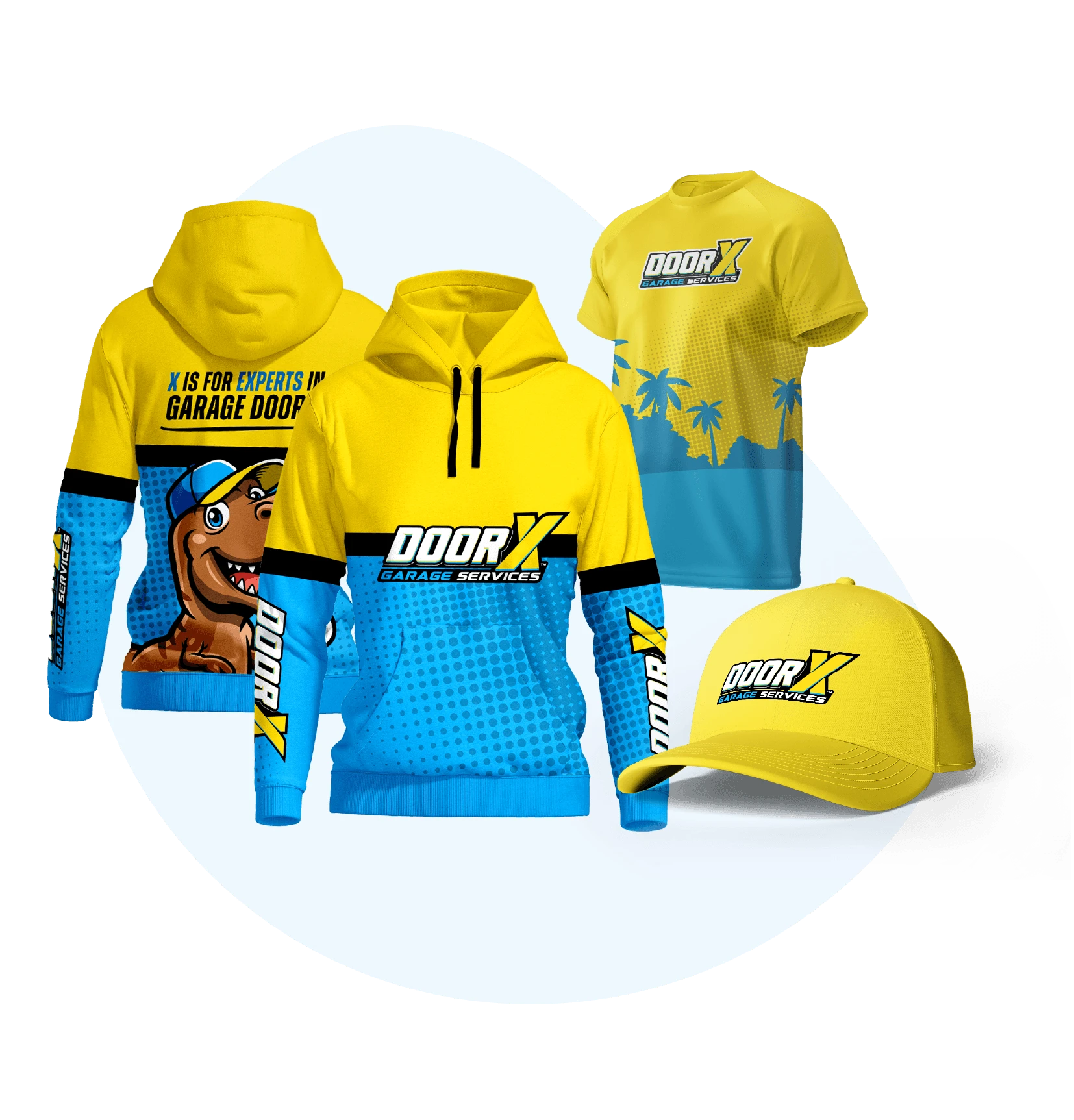 DoorX uniforms including a hoodie, cap, and T-shirt designed by Bananas Creative