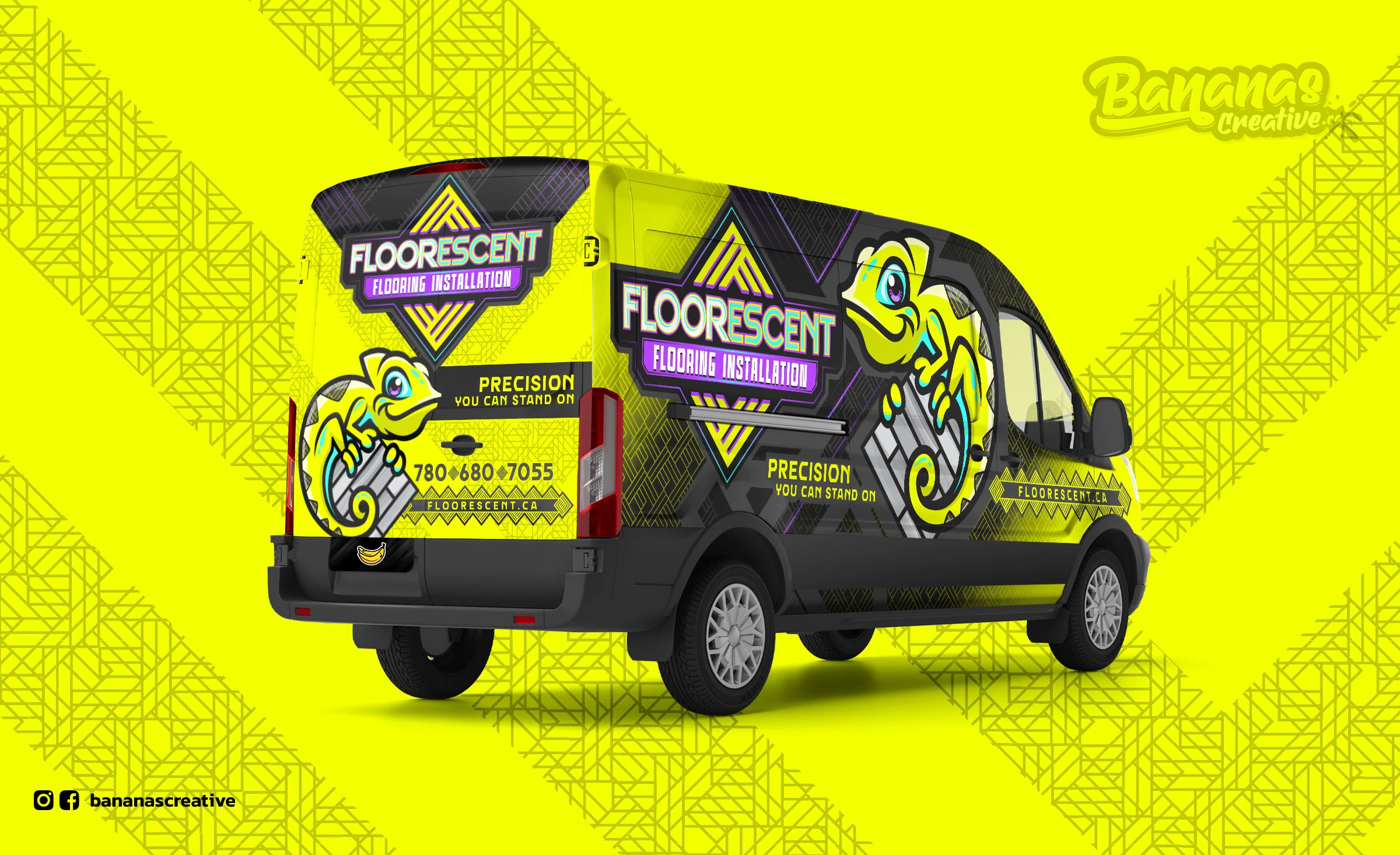 Fluorescent van wrap designed and installed by Bananas Creative.