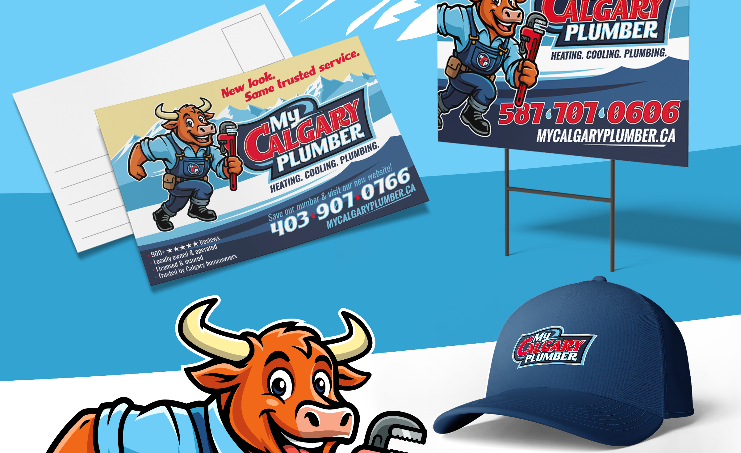 My Calgary Plumber printed materials designed by Bananas Creative including innovative business cards and a yard sign.