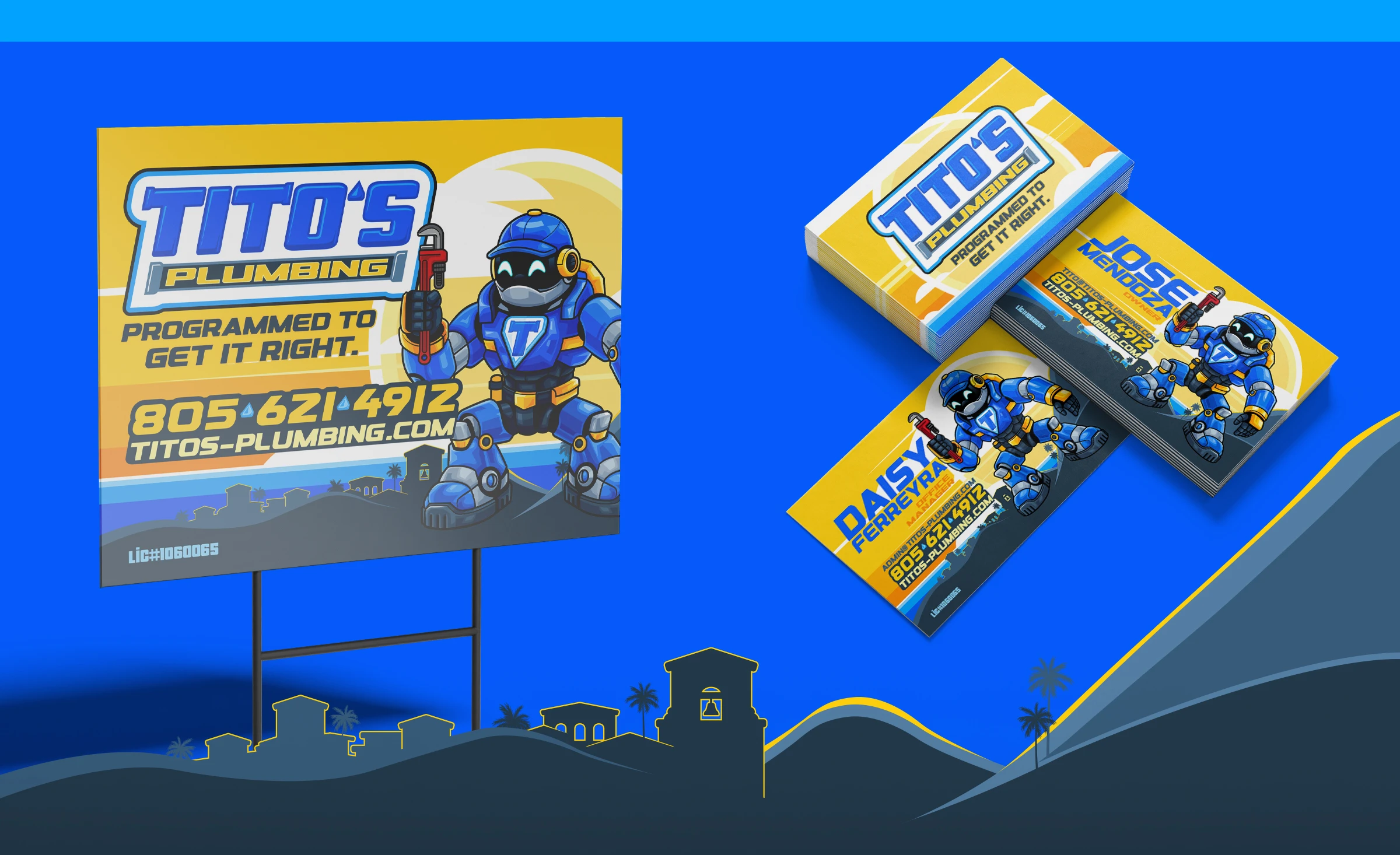 Tito’s Plumbing printed materials designed by Bananas Creative including lawn signs and innovative business cards