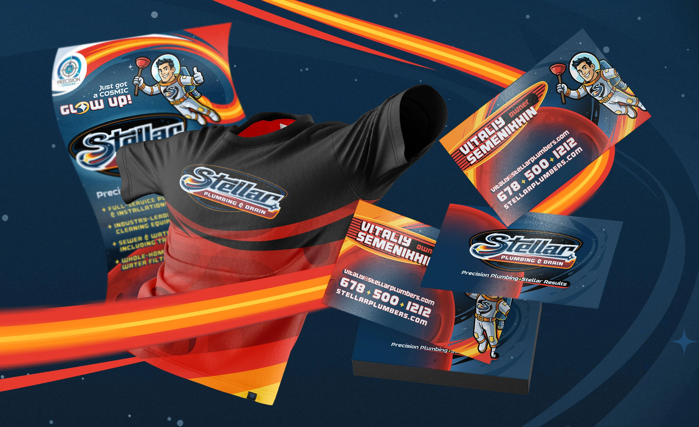 Stellar Plumbing & Drain marketing materials including business cards, magnets, and flyers designed by Bananas Creative.