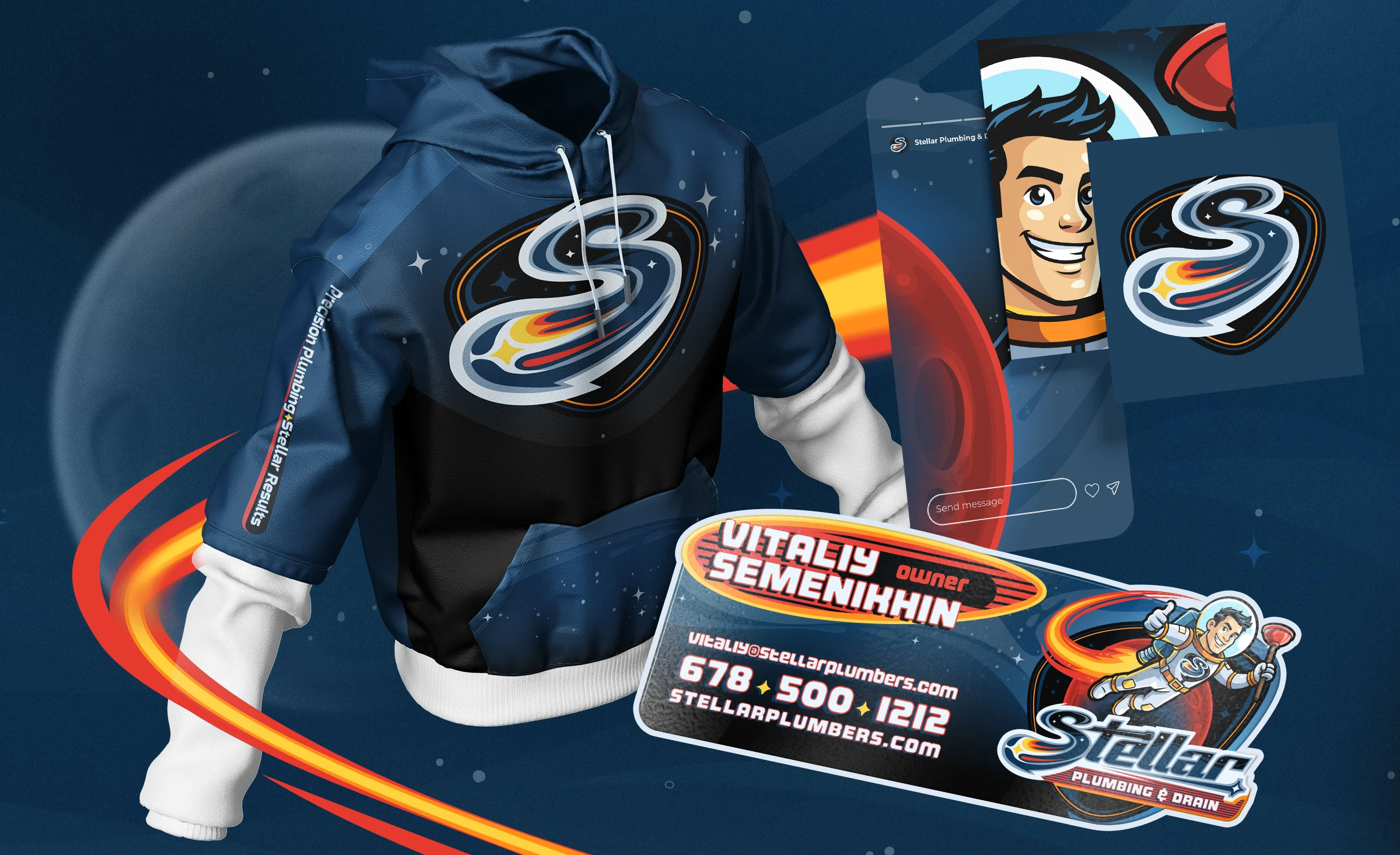 Stellar Plumbing & Drain custom uniforms including a hoodie and a t-shirt designed by Bananas Creative