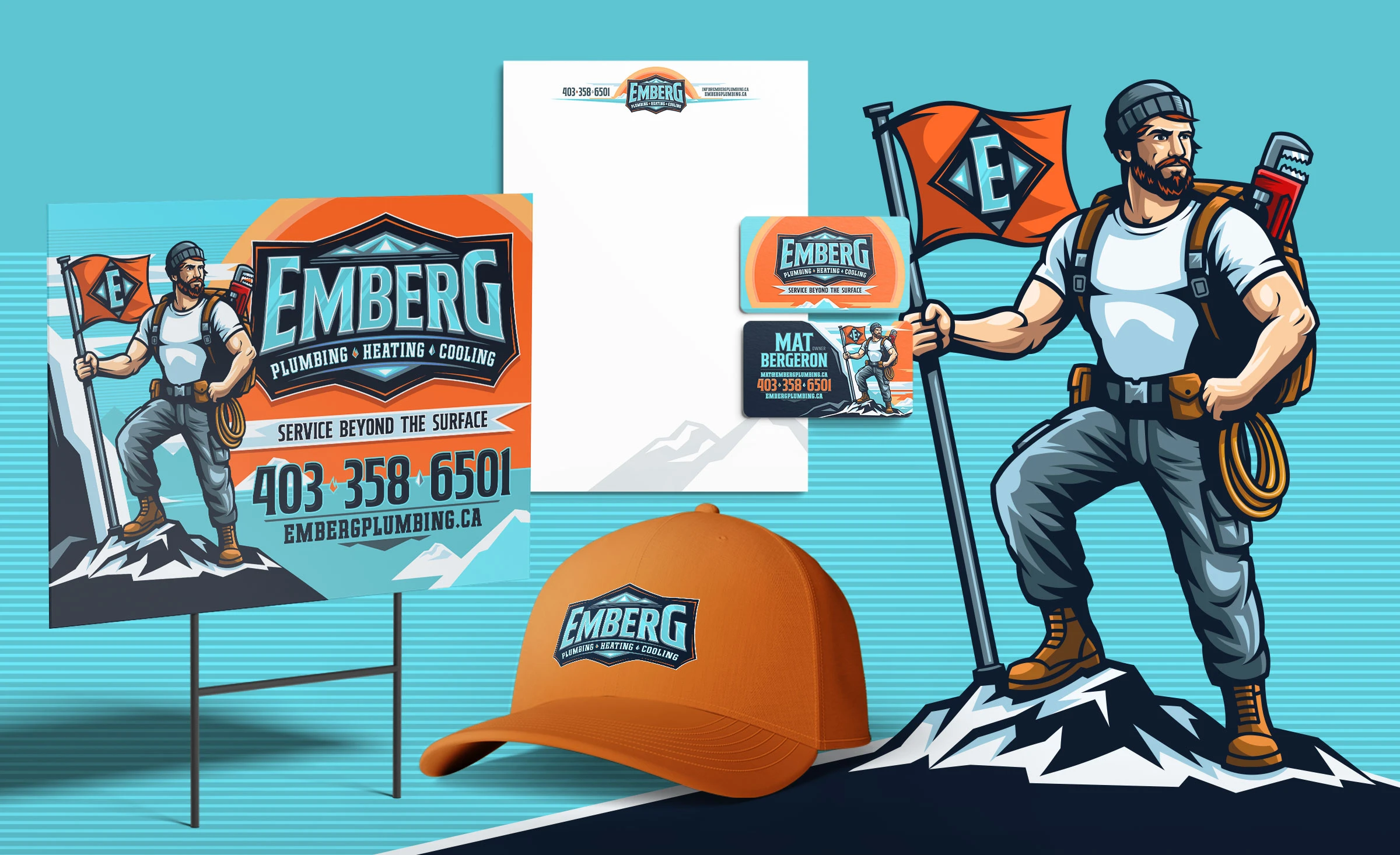 Emberg Plumbing, Heating and Cooling printed marketing materials including lawn signs, innovative business cards, a hat and also the company’s mascot, an alpinist.