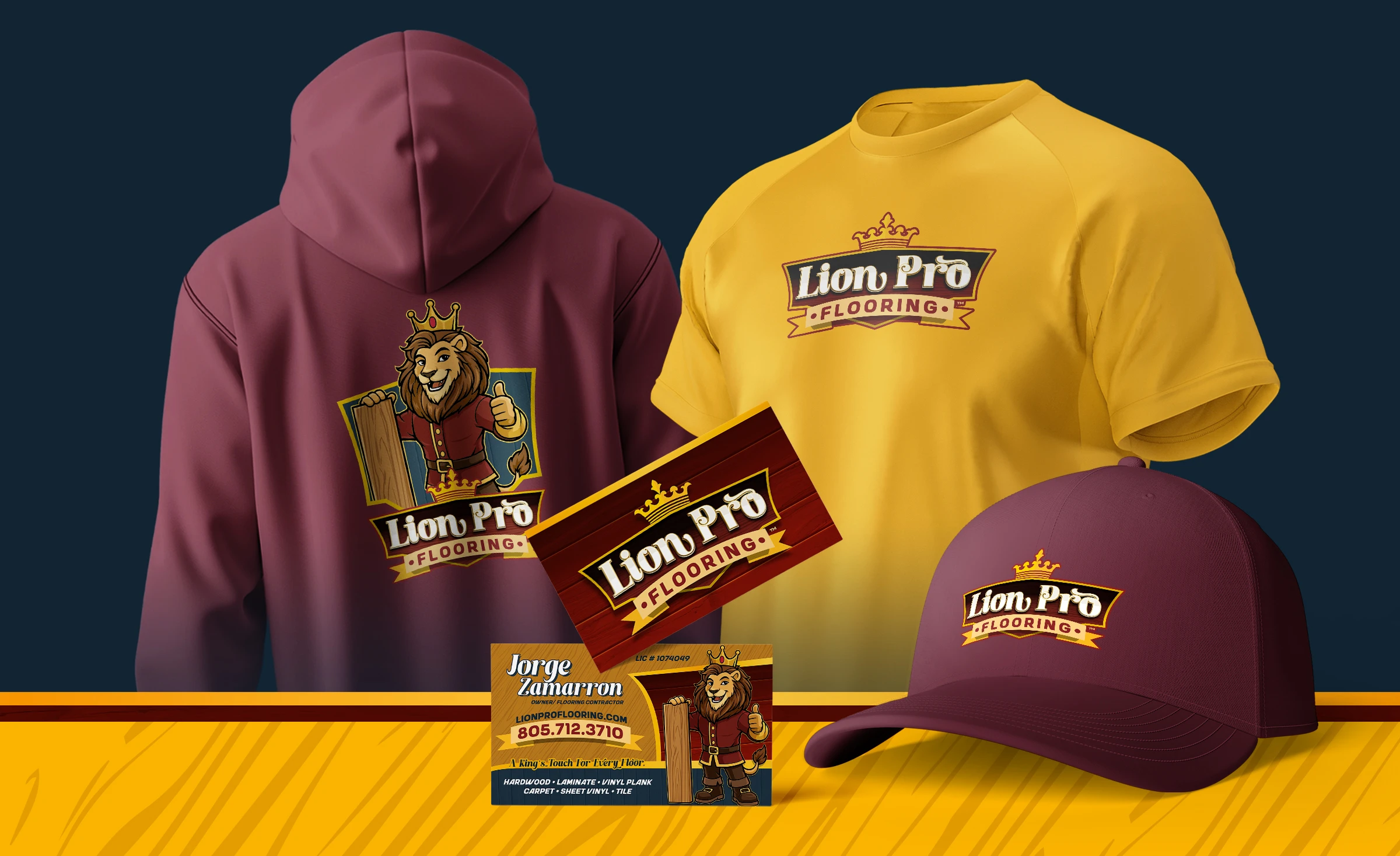  Lion Pro Flooring printed marketing materials and custom uniforms designed by Bananas Creative. 