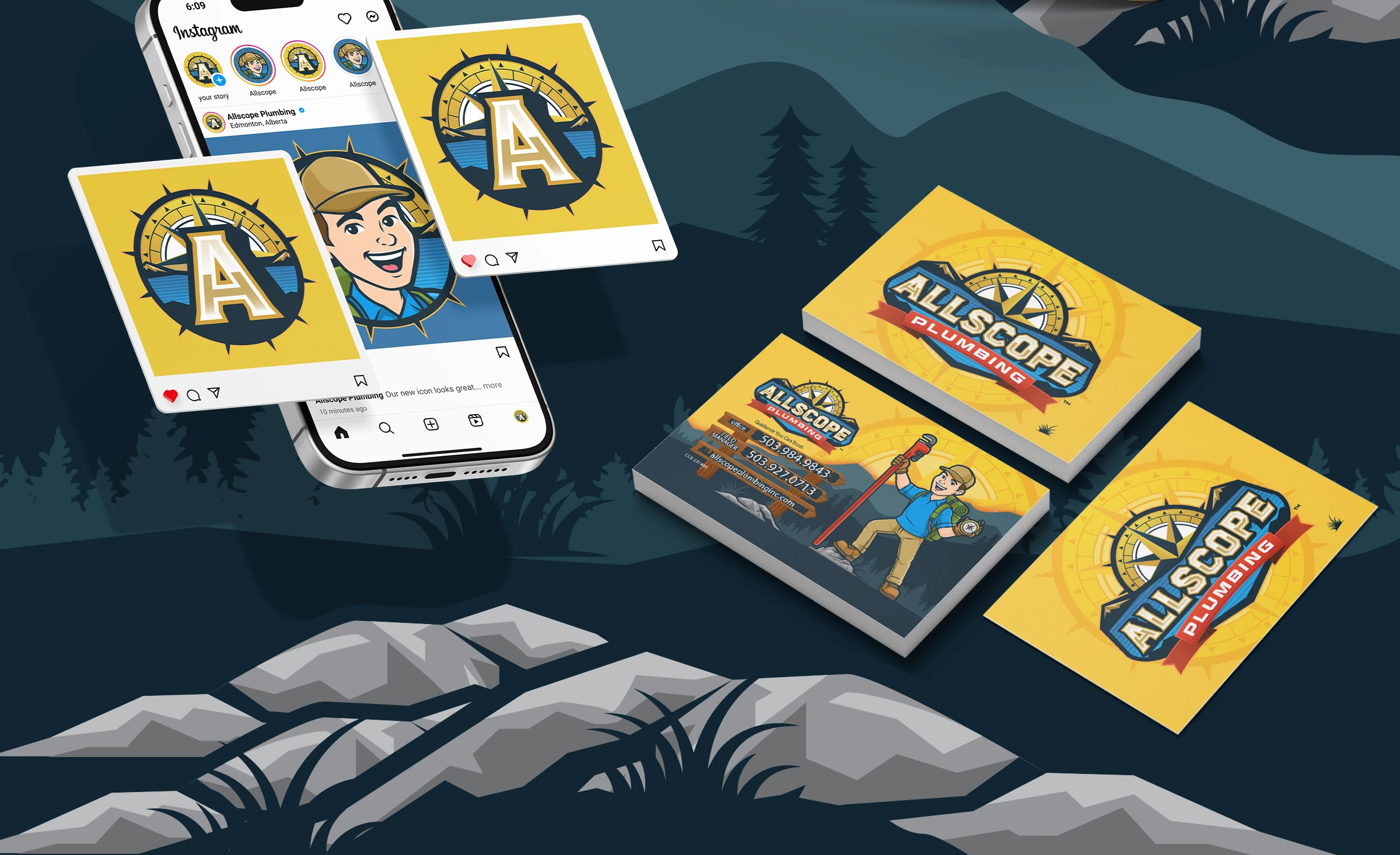 Allscope Plumbing marketing materials and social media assets including innovative business cards designed by Bananas Creative.