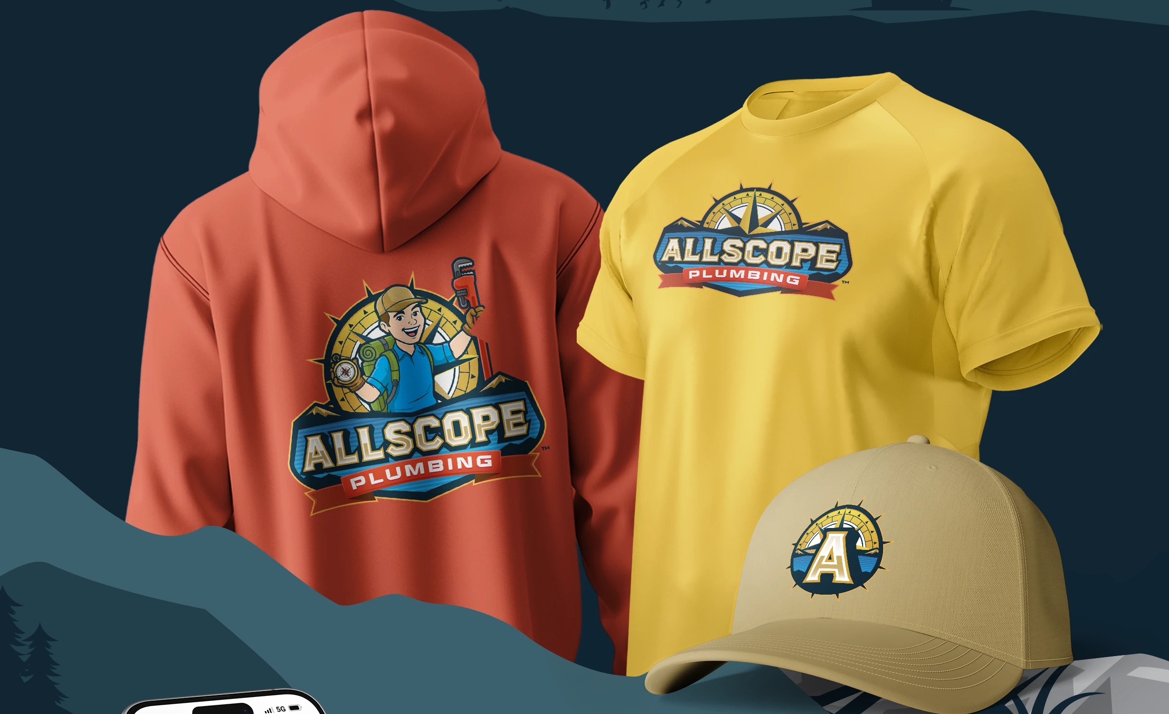 Allscope Plumbing customized uniforms including hoodie, t-shirt and cap designed by Bananas Creative