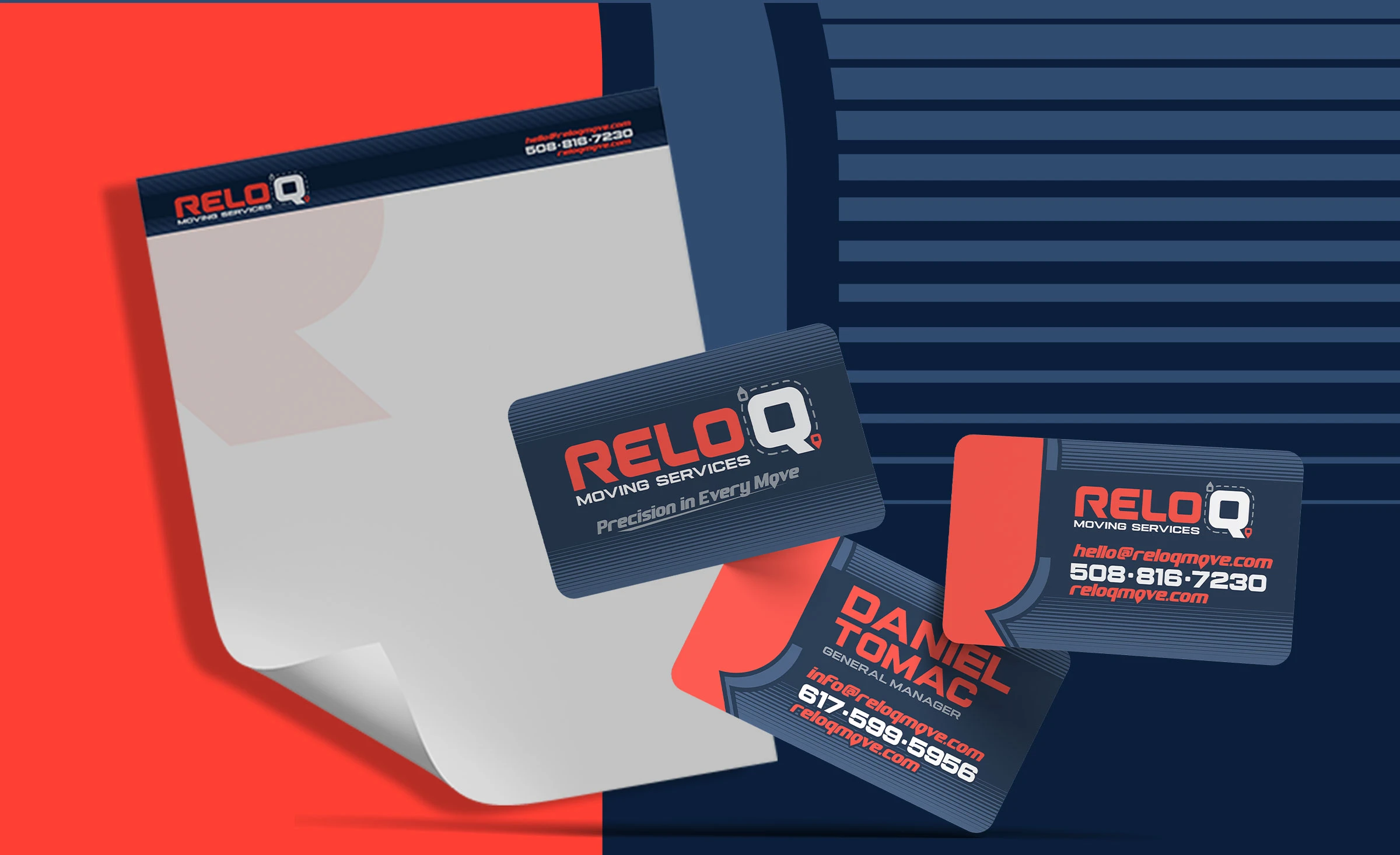 RELOQ Moving Services branding presentation showing logo variations, color palette, business cards for a Massachusetts moving company