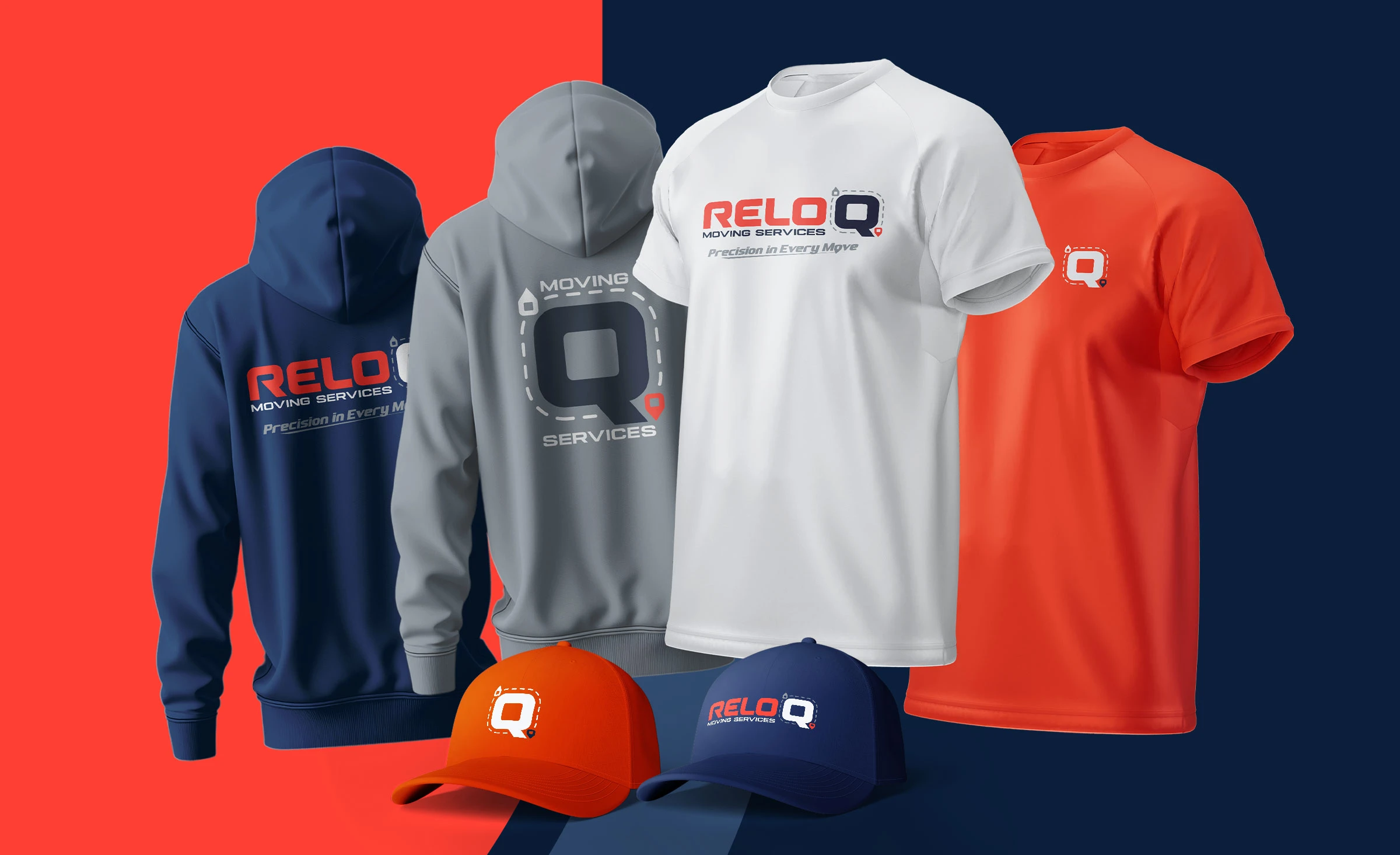 RELOQ Moving Services branding presentation showing color palette, apparel for a Massachusetts moving company