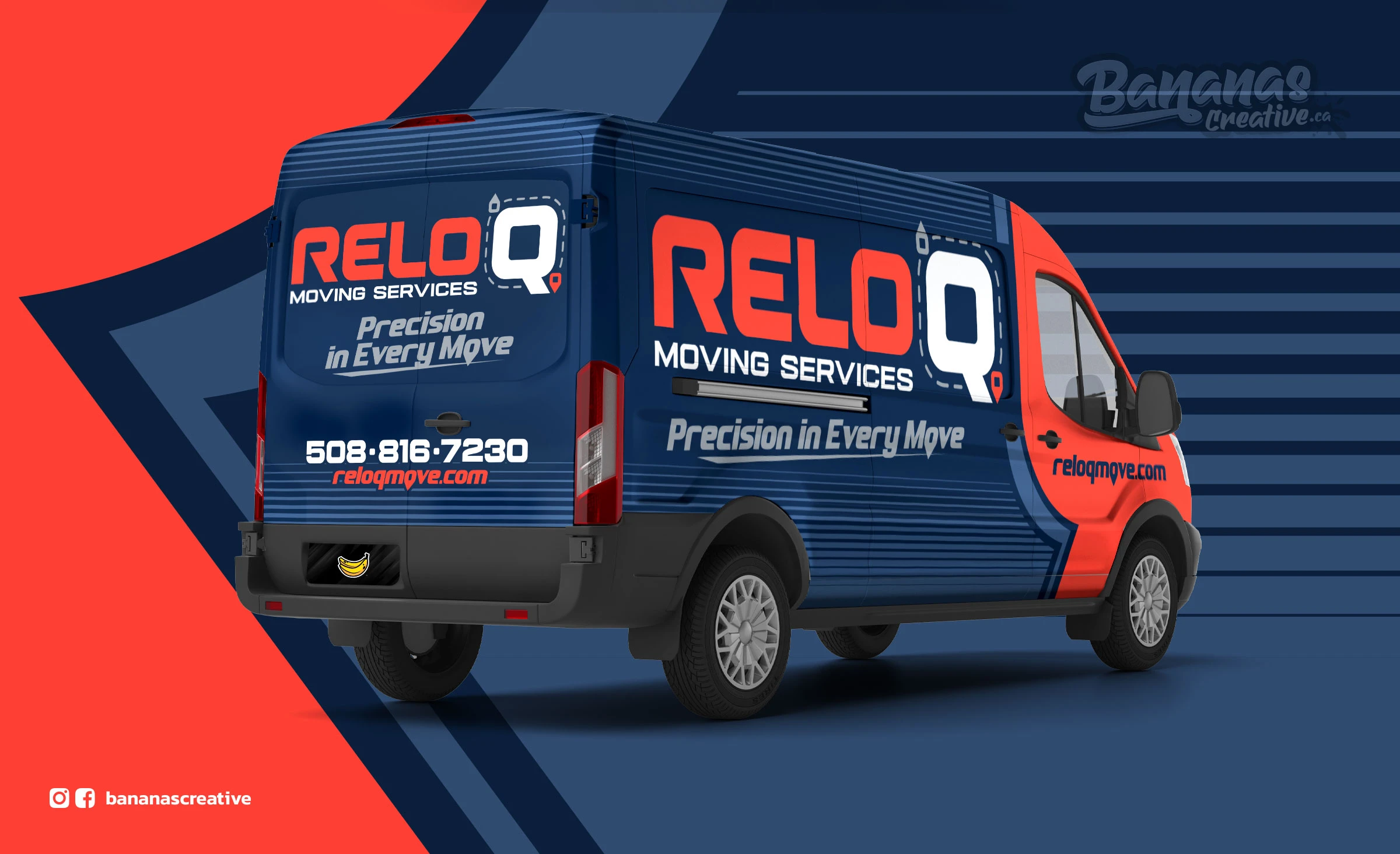 RELOQ Moving Services vehicle wrap design in navy and red on a cargo van, featuring the RELOQ Q logo and "Precision in Every Move" tagline