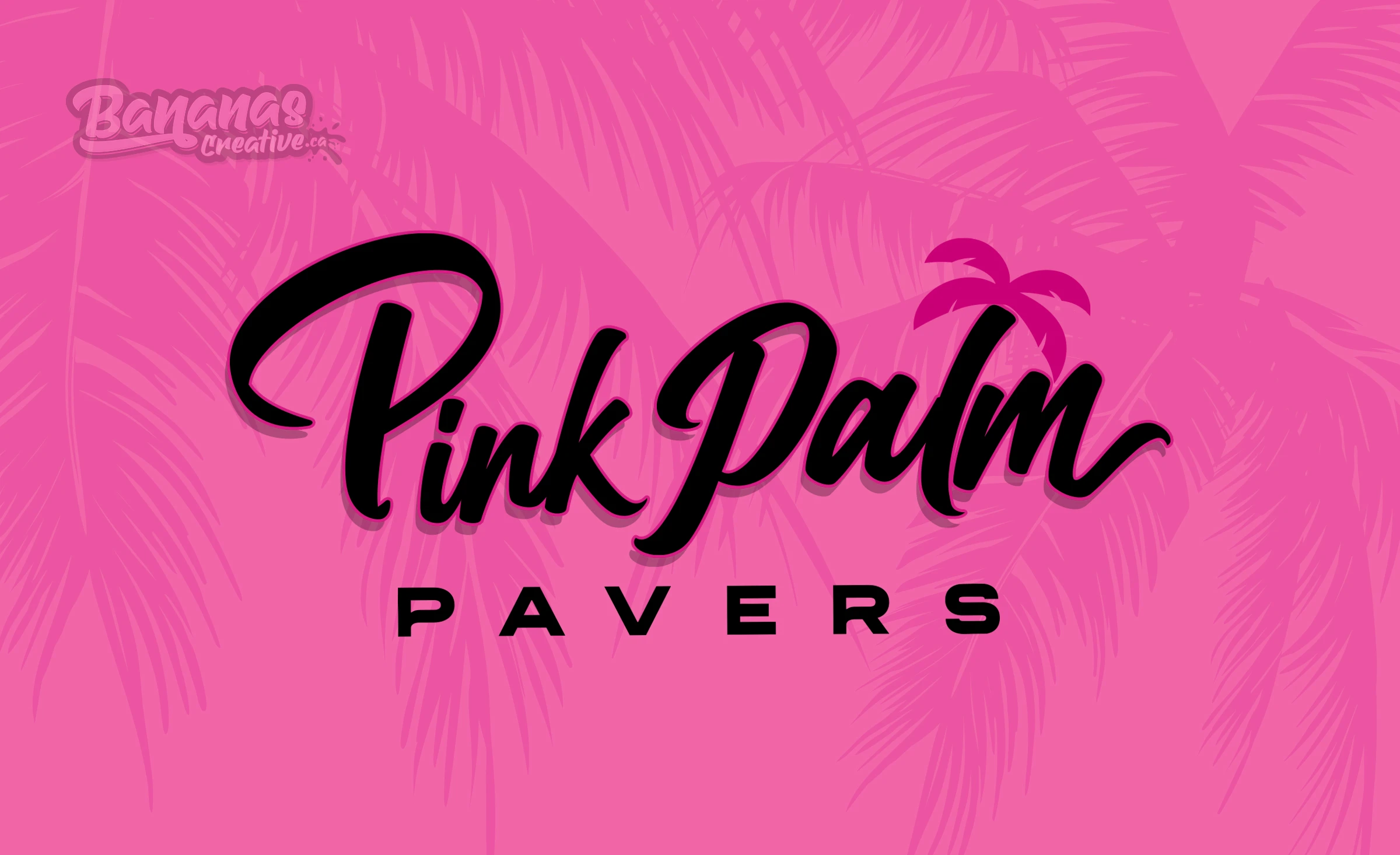 Pink Palm Pavers brand reveal graphic featuring flamingo logo mark, pink and black branding, Central Florida hardscape and paver company