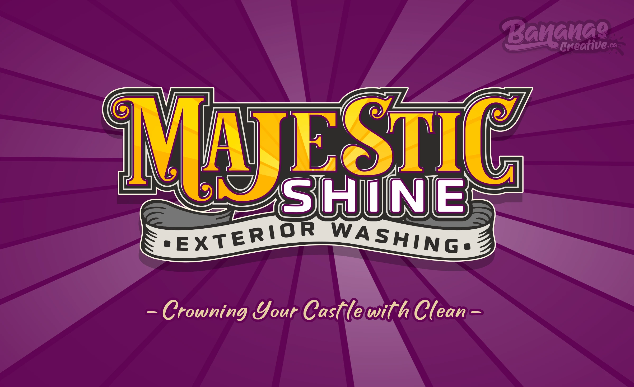 Majestic Shine Exterior Washing logo centred on a Royal Amethyst background with Crown Gold lettering and decorative serif details