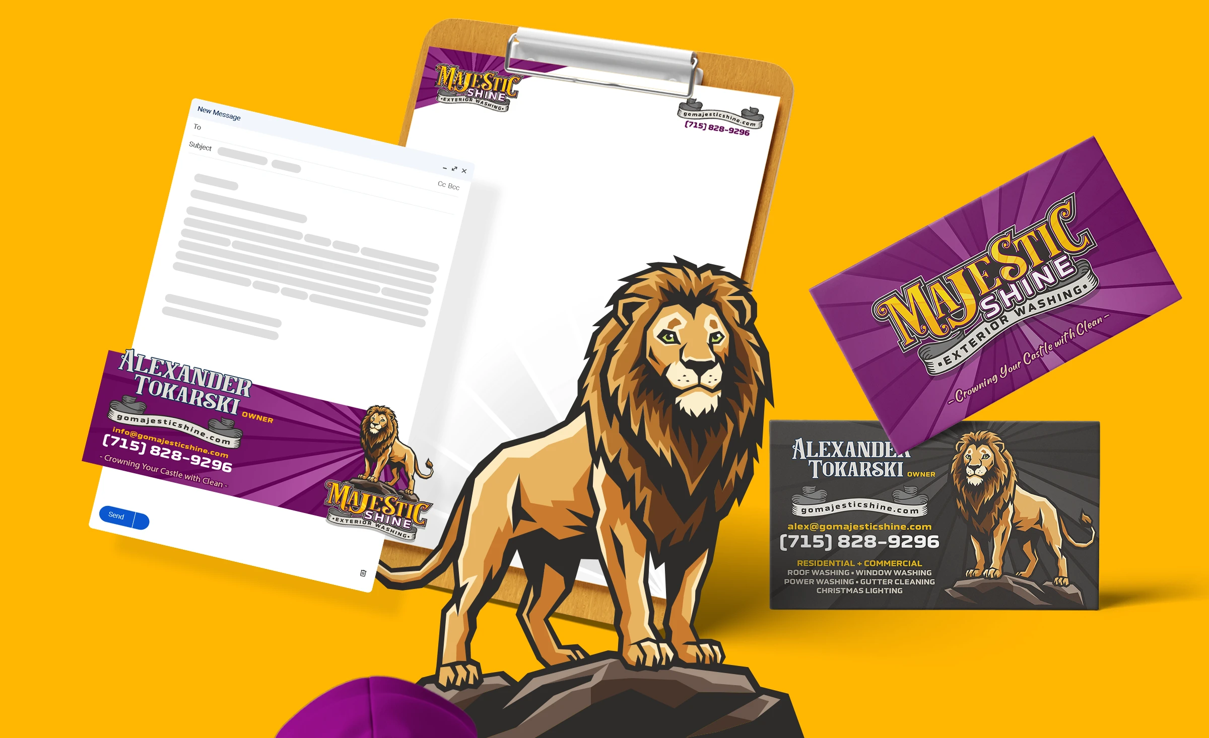 Majestic Shine Exterior Washing premium business cards and other print materials printed on a Fresh Crest lime-green background with the Regis lion icon and gold brand details