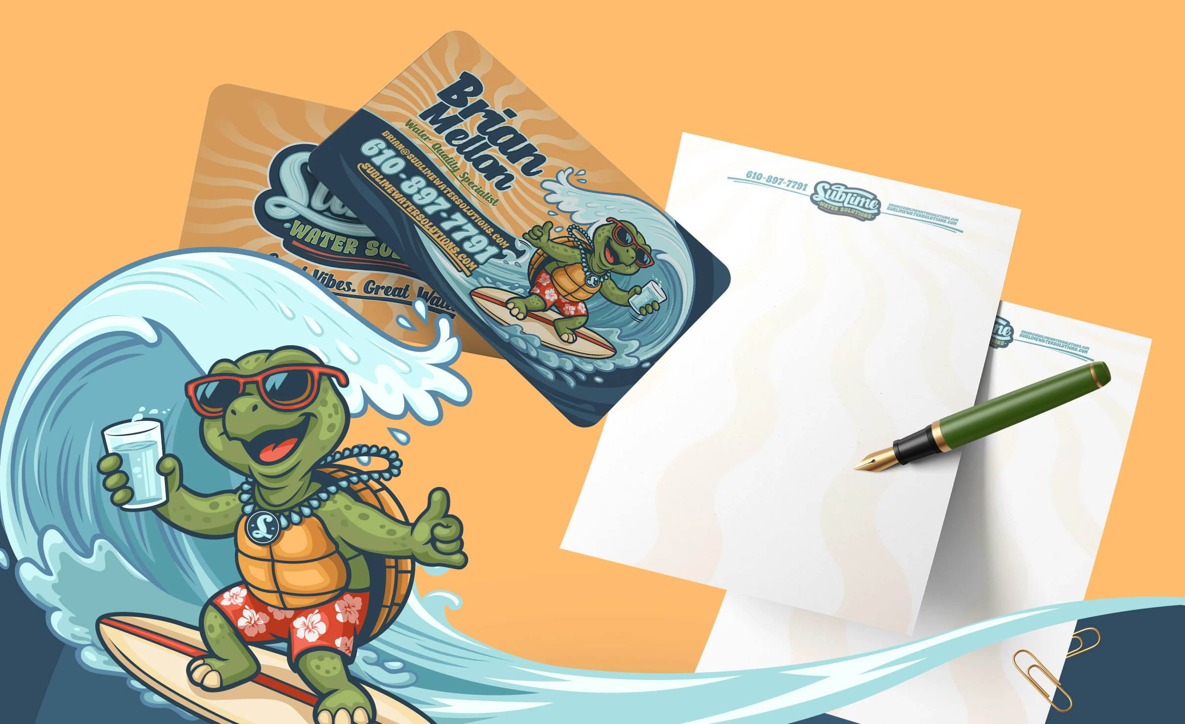 Sublime Water Solutions printed marketing materials including business cards and letterhead designed by Bananas Creative