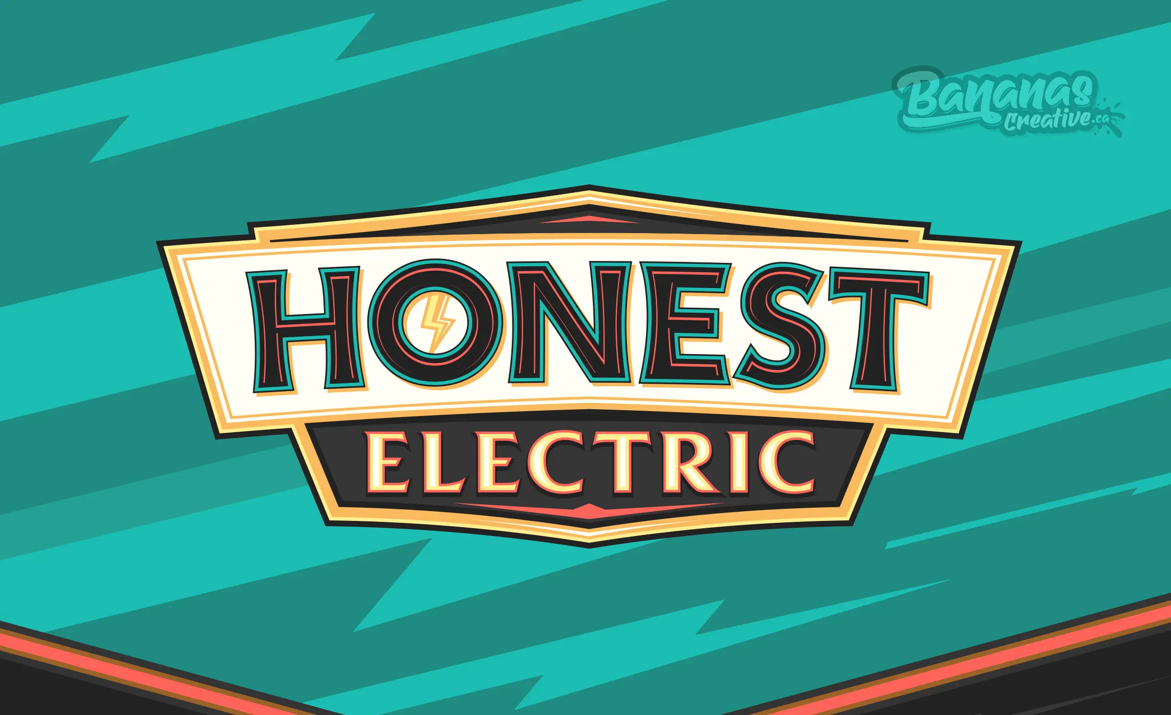 Honest Electric brand identity, a teal and gold vintage badge logo, Fredericton New Brunswick electrical company