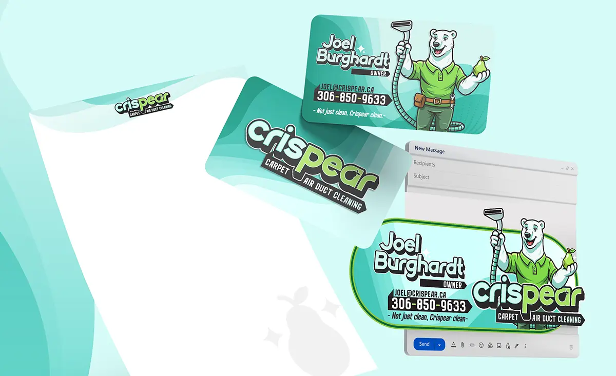 Crispear Carpet and Air Duct Cleaning branding collateral showing logo , business cards, for a Saskatoon specialty cleaning company