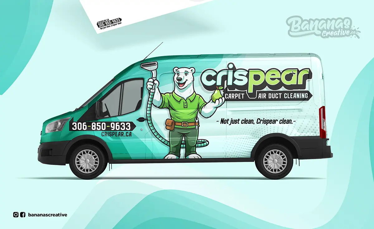 Crispear vehicle wrap design in mint and teal featuring the Airy polar bear mascot and "Fresh Air Above. Soft Comfort Below." tagline