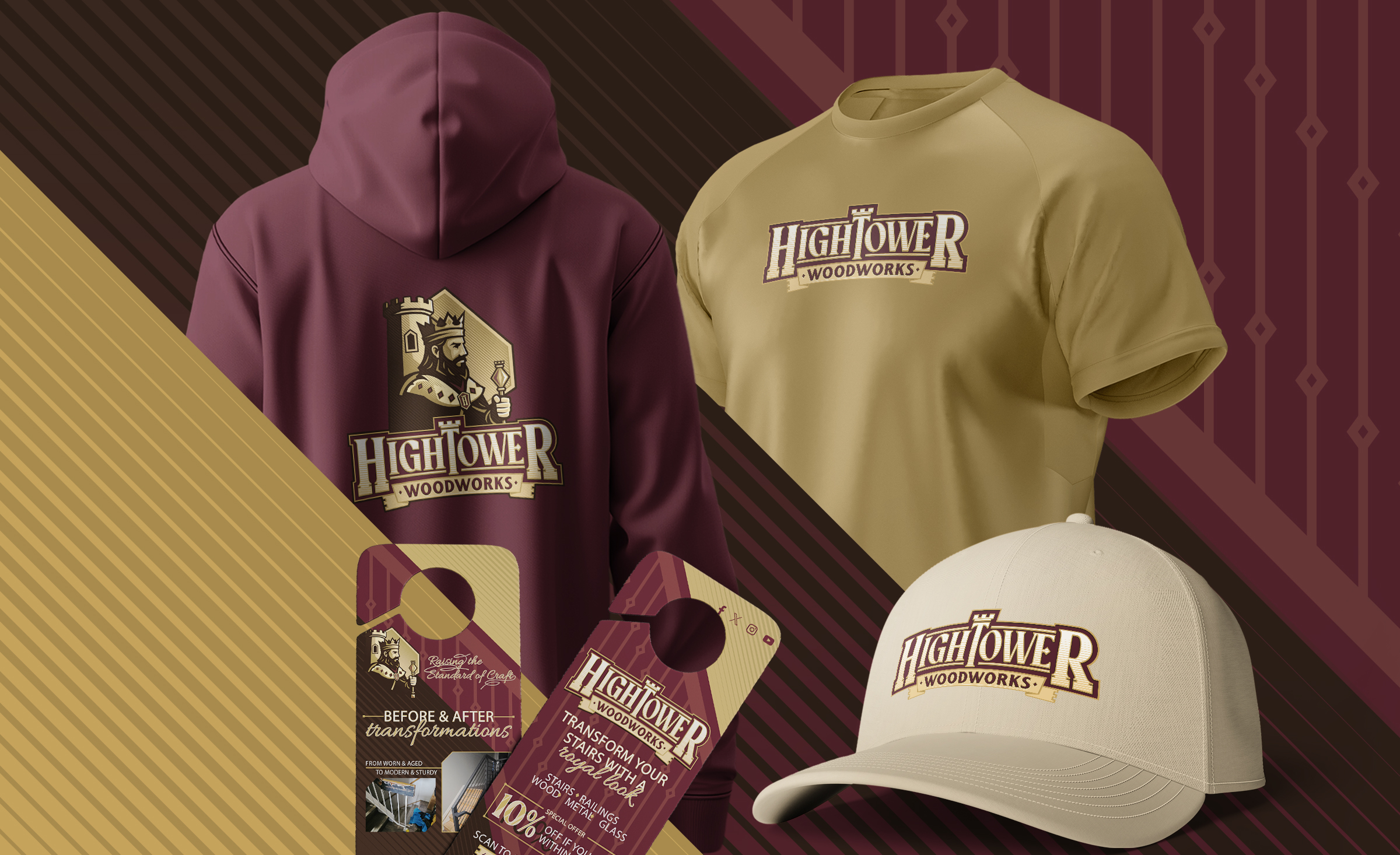 Hightower Woodworks branding presentation showing logo variations, color palette, business cards, apparel, and vehicle wrap mockups for a custom stairs and railings company