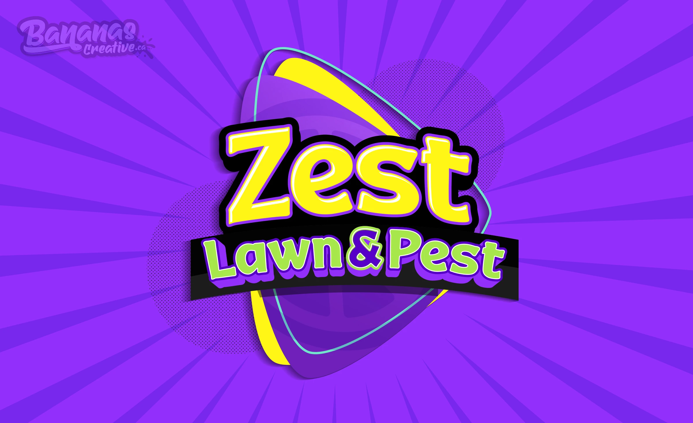 Zest Lawn and Pest logo with, purple and yellow branding colours. Rebrand from Lawn Care Up