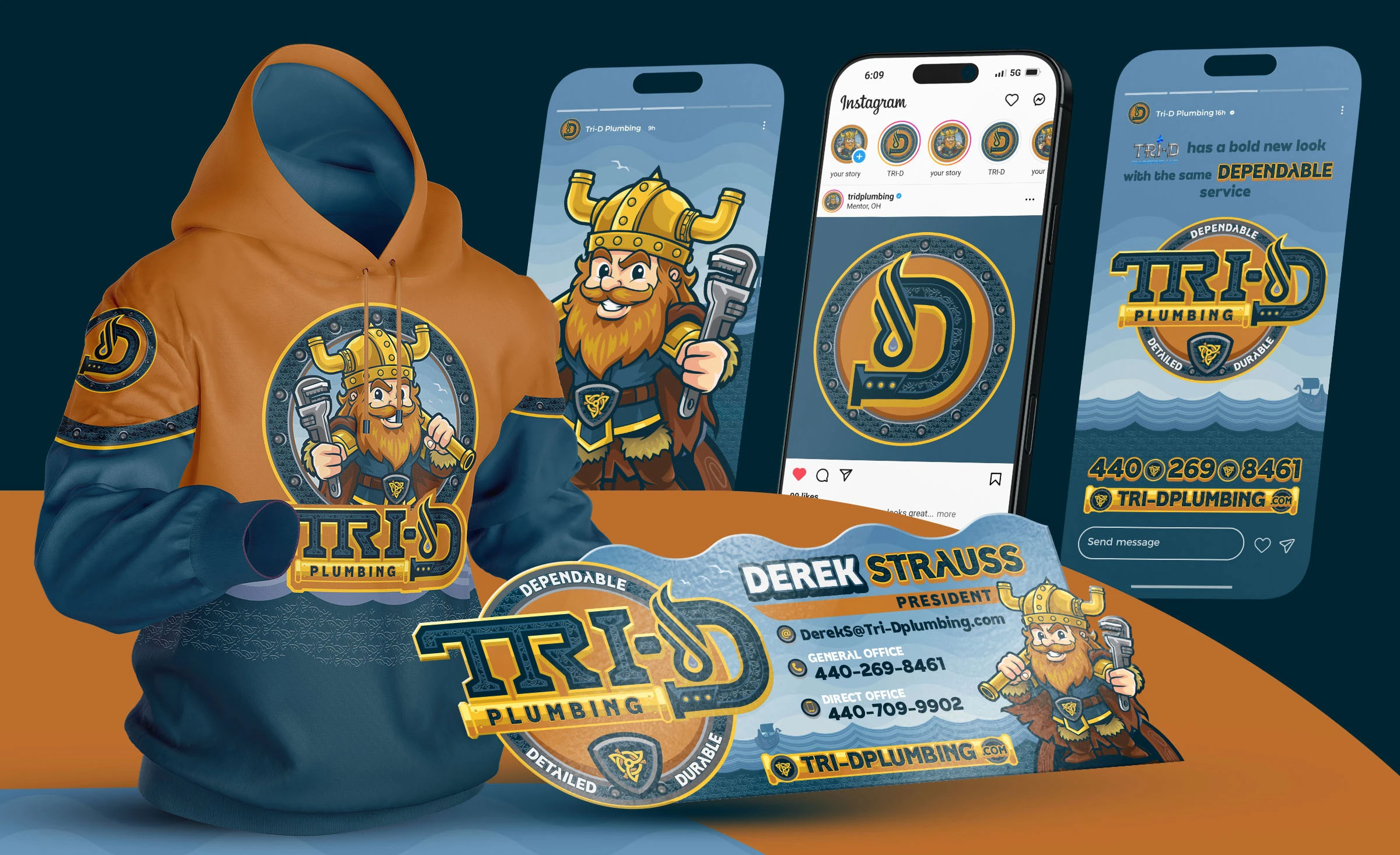 Tri-D Plumbing premium business cards, apparel and print materials, with deep navy background, amber and copper typographic accents, the circular medallion logo, and clean contact information layout in AKREN and Raudan typefaces.