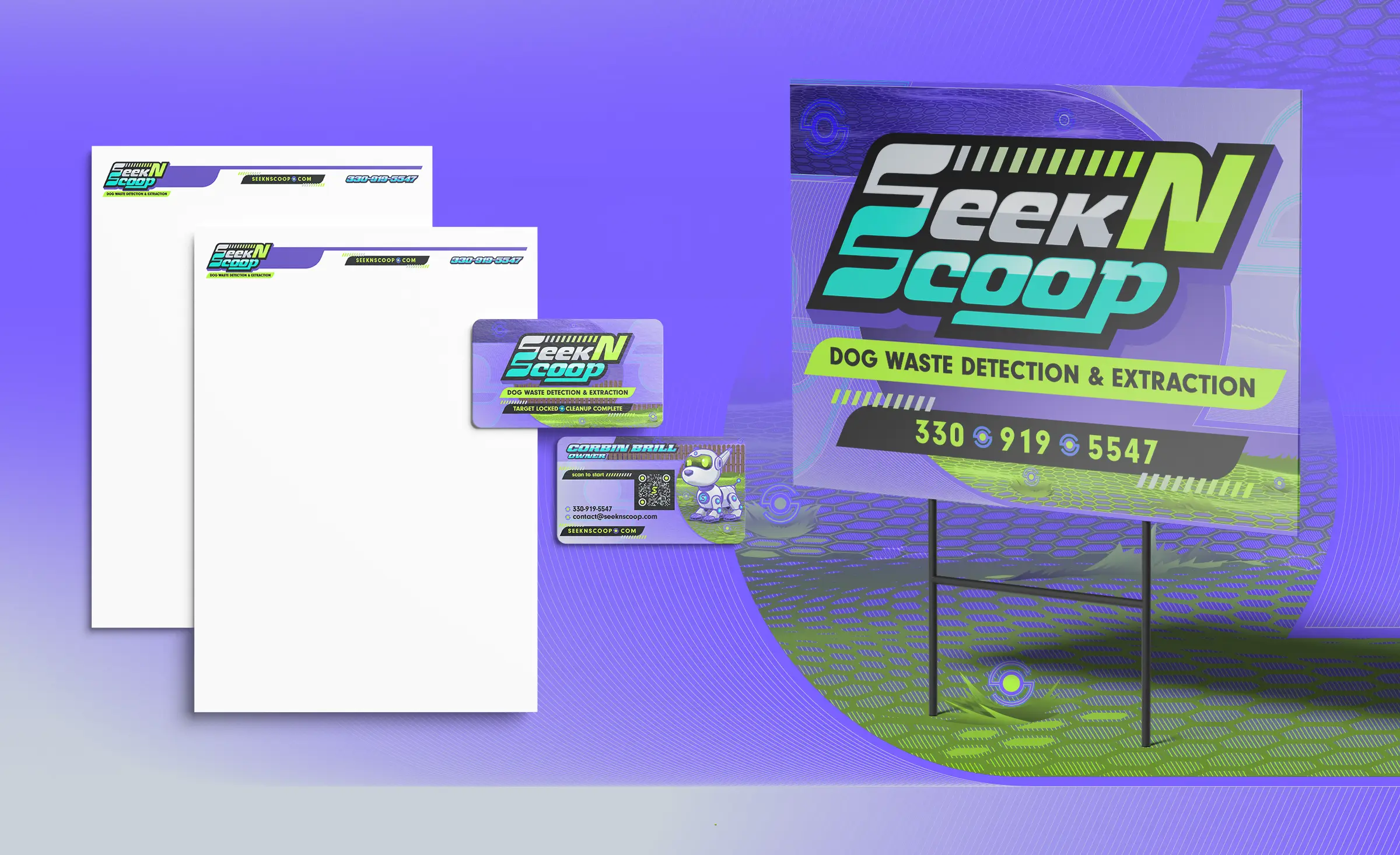 Seek N Scoop business cards, Lawn Signs and Letter hEAD,  featuring a deep violet background with neon lime and teal typographic details, the D.A.S.H. mascot, and the primary logo — a premium print touchpoint that reinforces the brand's tech-forward, high-trust positioning at every client interaction.