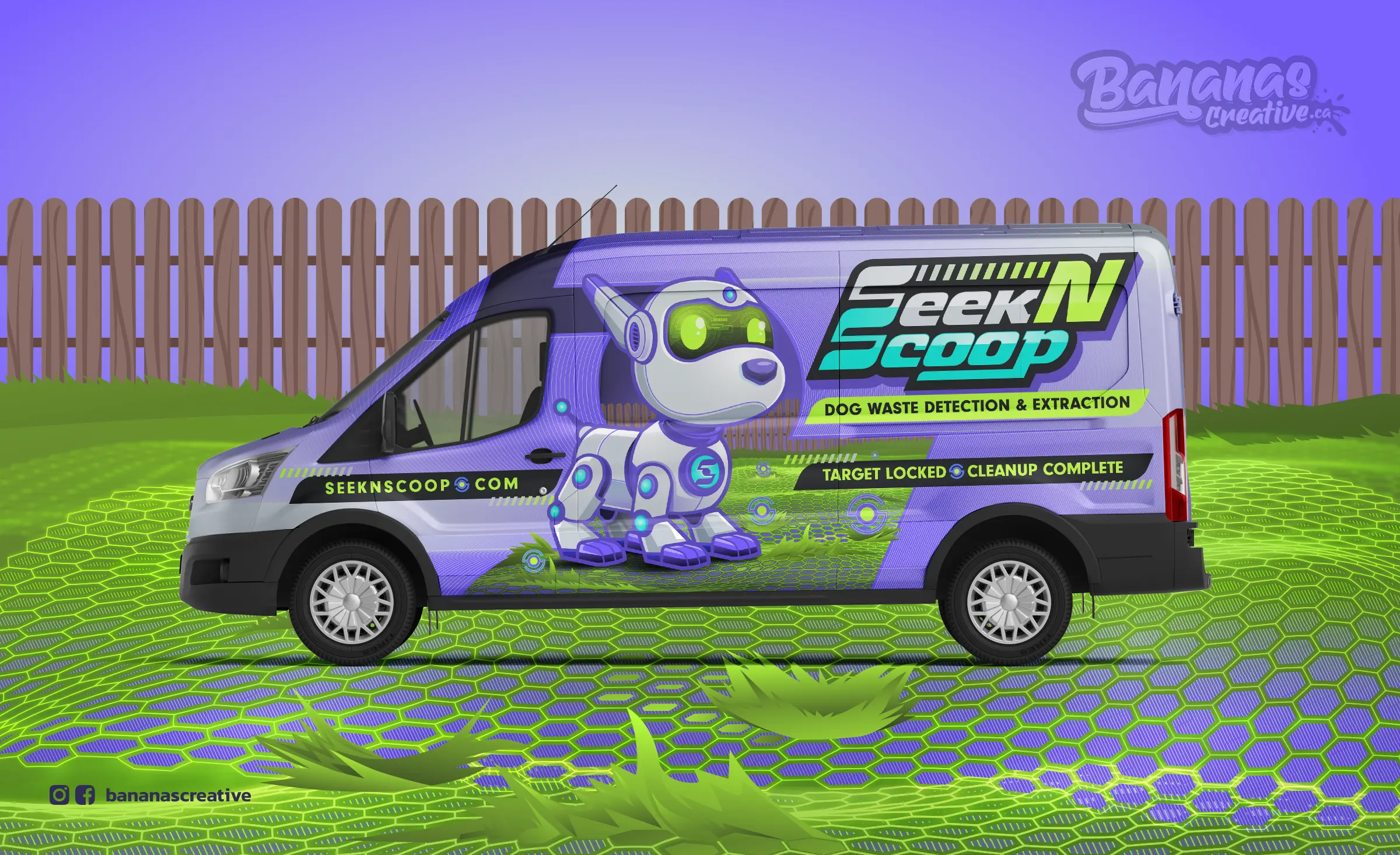Seek N Scoop service van wrapped in deep graphite and digital violet with the D.A.S.H. robotic mascot prominently displayed alongside the bold logo, electric teal accents, and precision-themed messaging — a rolling brand system that turns every service visit into a neighbourhood marketing moment across Canton and Akron, Ohio.