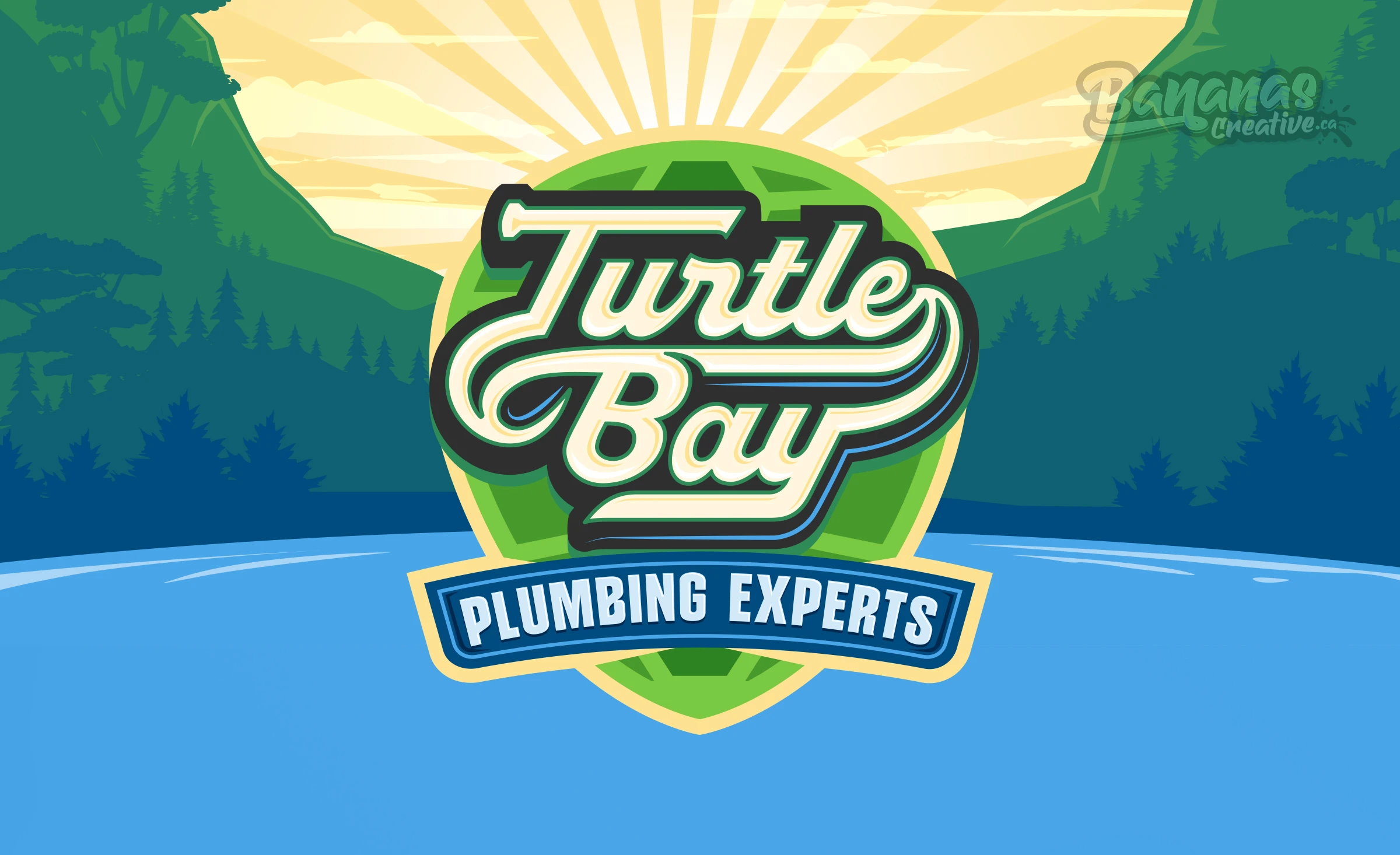 Turtle Bay Plumbing & Drains retro-cartoon shield logo featuring Turbo the Turtle mascot holding a pipe wrench, in vibrant wetland green, deep water blue, and warm cream yellow with bold script and serif typography.