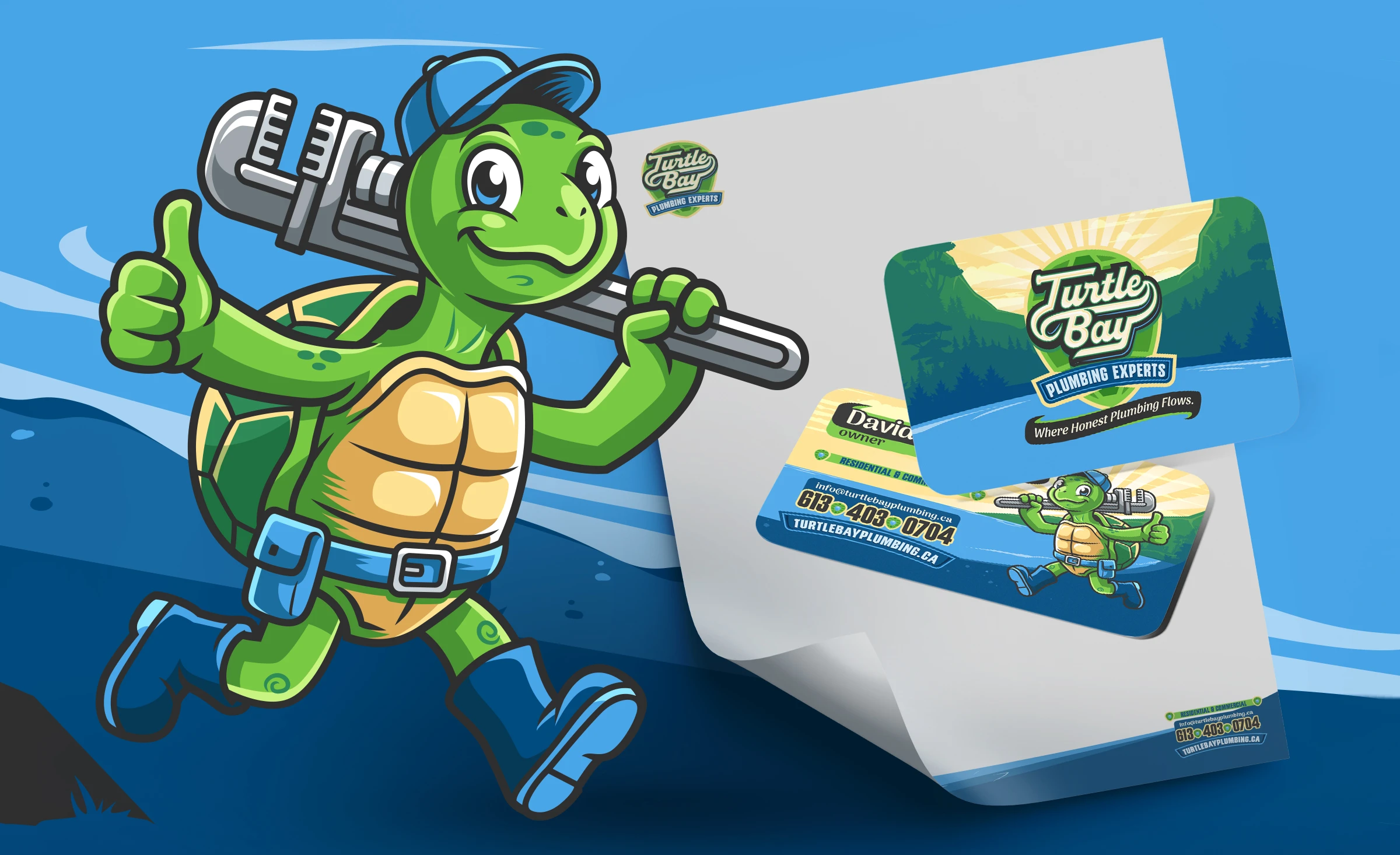 Turtle Bay Plumbing & Drains business cards featuring the shield badge logo, Turbo mascot, and brand palette of green, blue, and cream yellow — clean, bold layout designed to leave a lasting impression.