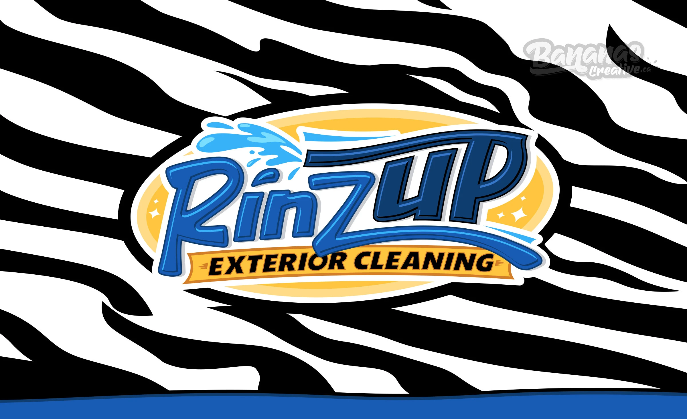 RinzUP Exterior Cleaning primary logo featuring bold BOLDSTORM typography in navy blue and gold with Zeke the Zebra mascot wearing a yellow-orange vest and tool belt