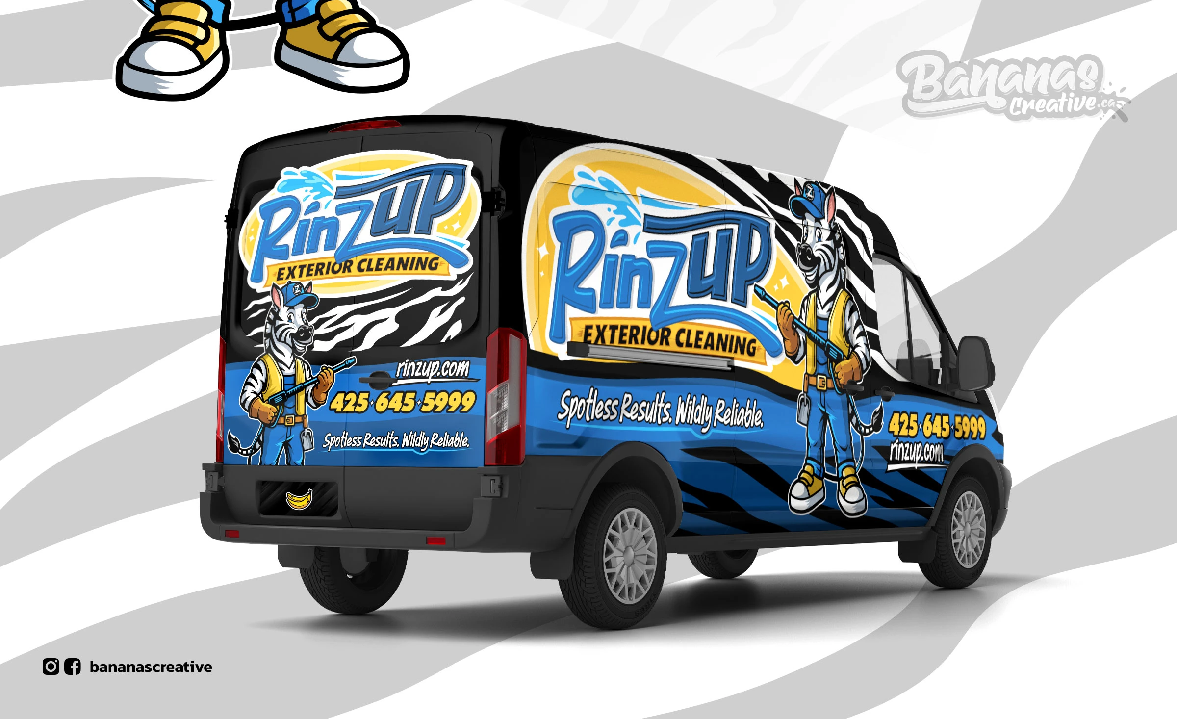 RinzUP Exterior Cleaning service van wrap in deep navy blue with bold white and gold lettering, Zeke the Zebra mascot in action pose, and zebra-stripe accent graphics along the lower panels