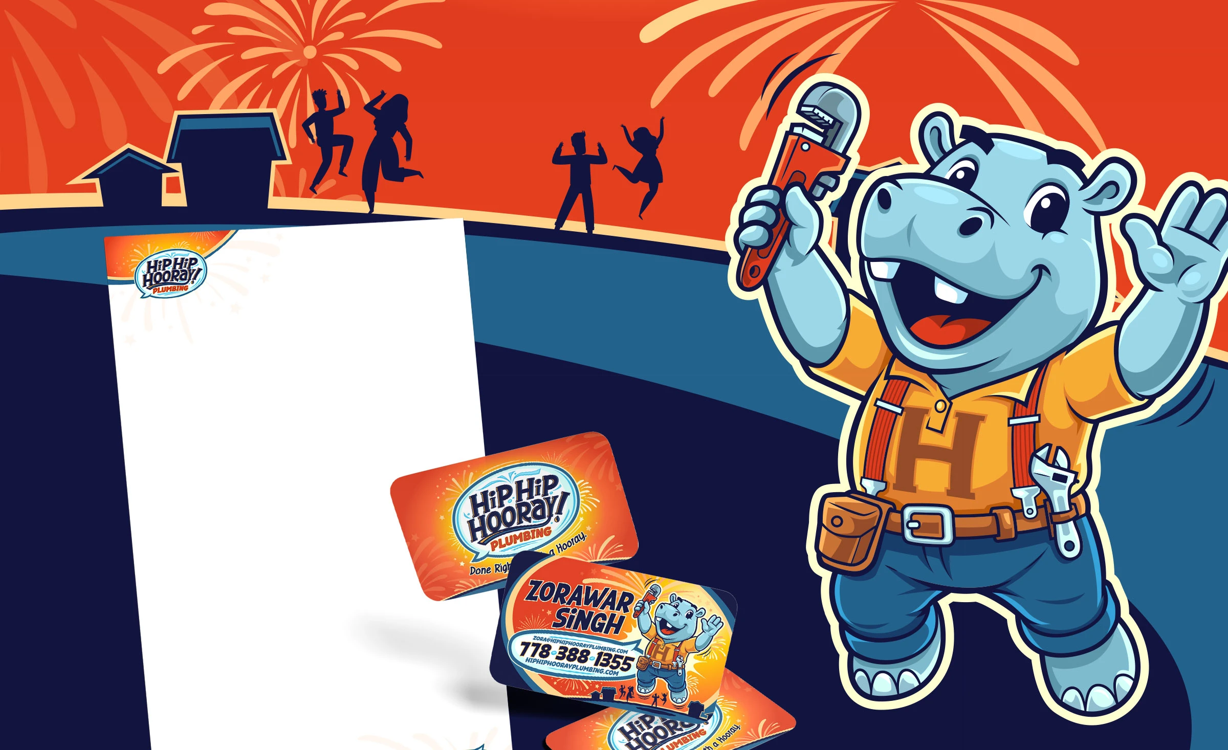 Hip Hip Hooray Plumbing business cards featuring the warm orange brand colour, Hooray the Hippo mascot, bold Fuzamic typography, and clean cream-white layout — printed as part of the full brand print system