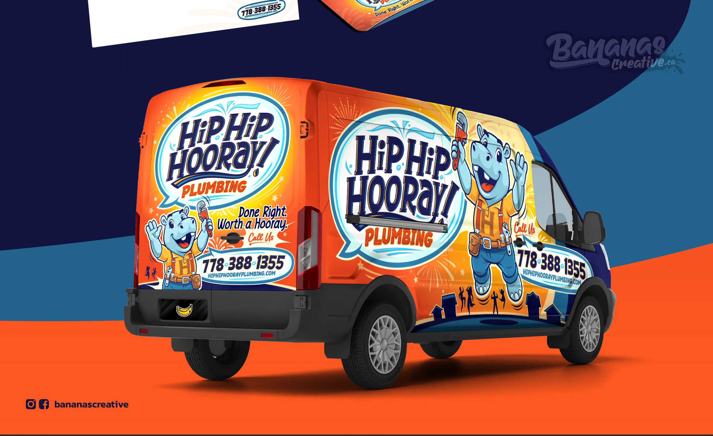Hip Hip Hooray Plumbing van wrap with a vibrant warm orange and cream-yellow background, bursting fireworks graphic elements, Hooray the Hippo mascot in a celebratory pose, and bold navy blue lettering — photographed in a Wake County setting