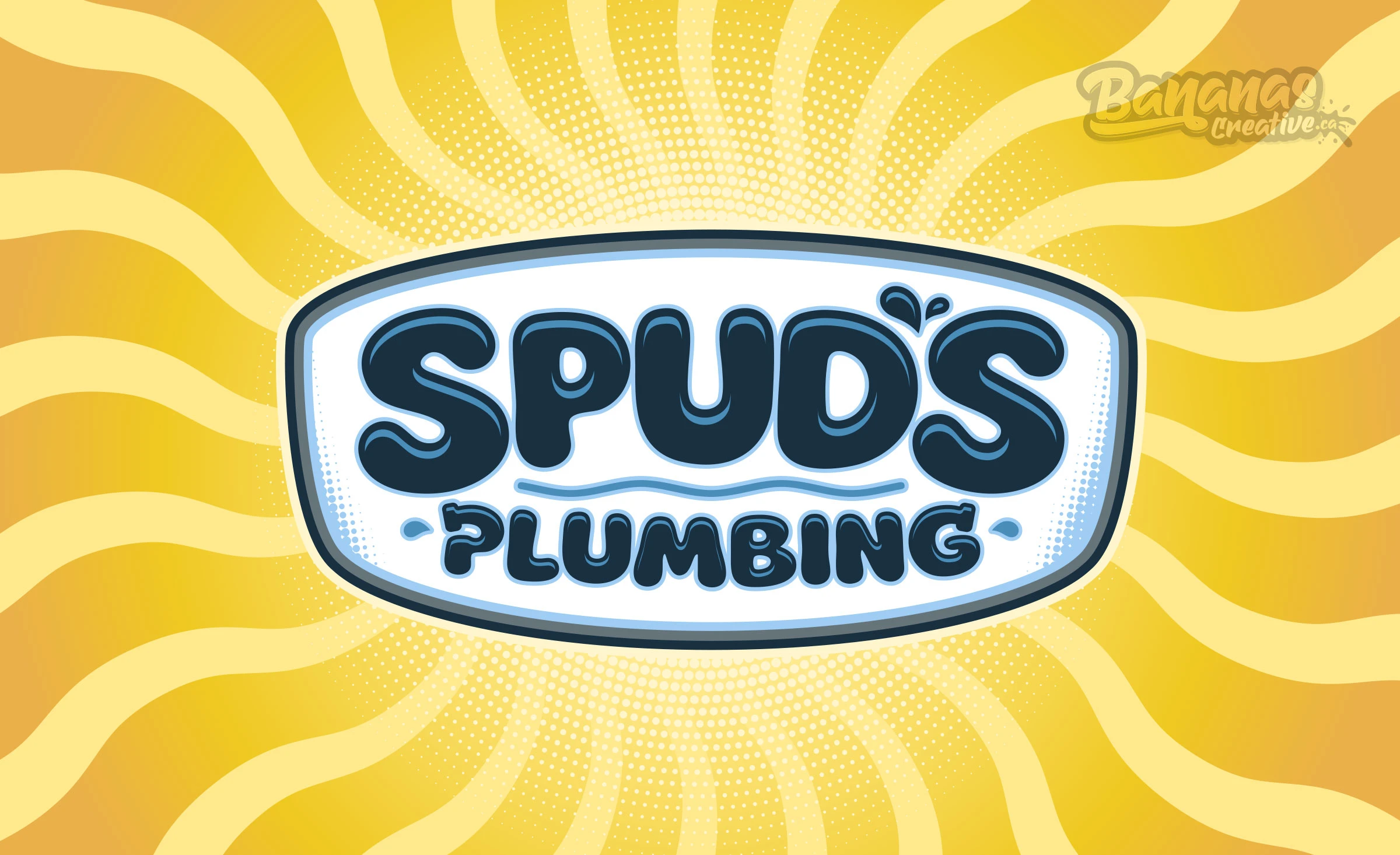 Spud's Plumbing logo design with retro cartoon style oval badge and sunburst in yellow, blue and orange — Davidson County NC
