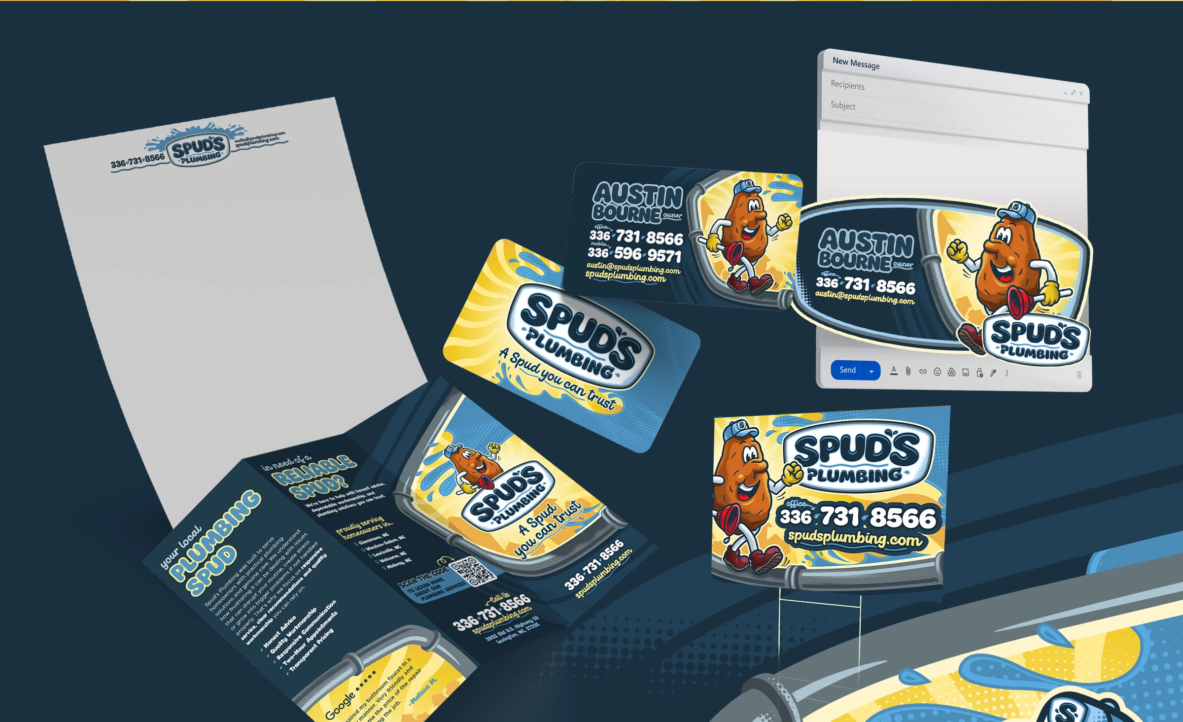 Spud's Plumbing business card print design with brand colors navy blue, orange and yellow on bold retro typography