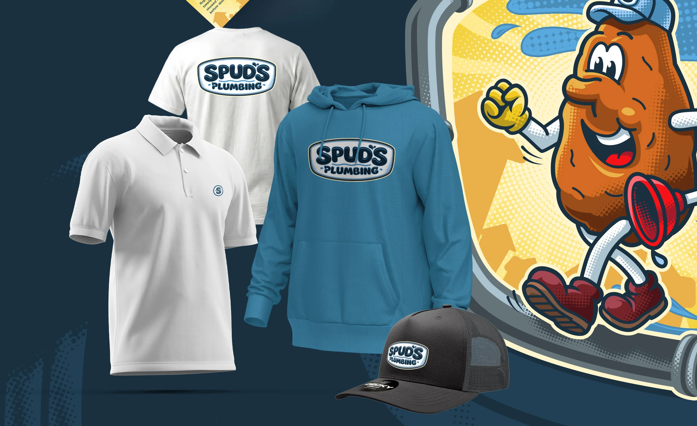 Spud's Plumbing branded uniform design — hoodie and t-shirt with mascot and logo for residential plumbing team in North Carolina